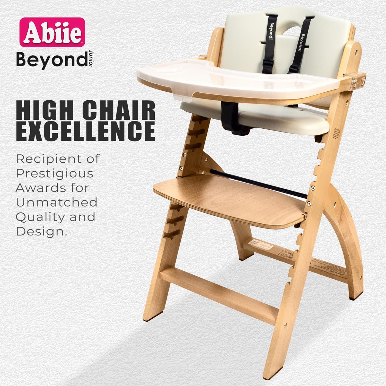 Abiie Beyond Junior High Chair, Adjustable Wood, Dove Grey Cushion, 250 lb Capacity, Stain & Water Resistant