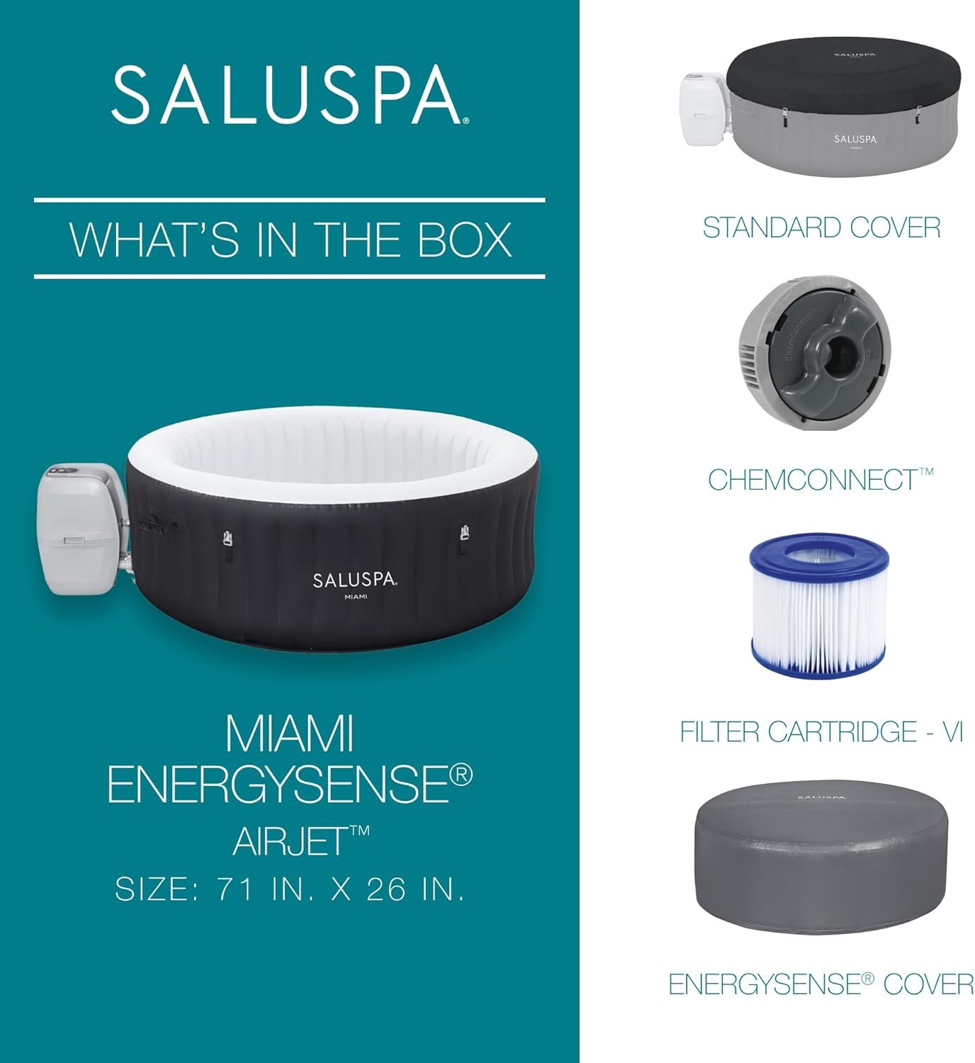 Bestway SaluSpa Miami EnergySense AirJet Inflatable Hot Tub Spa (71��� x 26���) | Portable Hot Tub with 2 Covers (1 Energy-Efficient Thermal Cover and 1 Standard Cover) | Fits Up to 2-4 Persons | Black