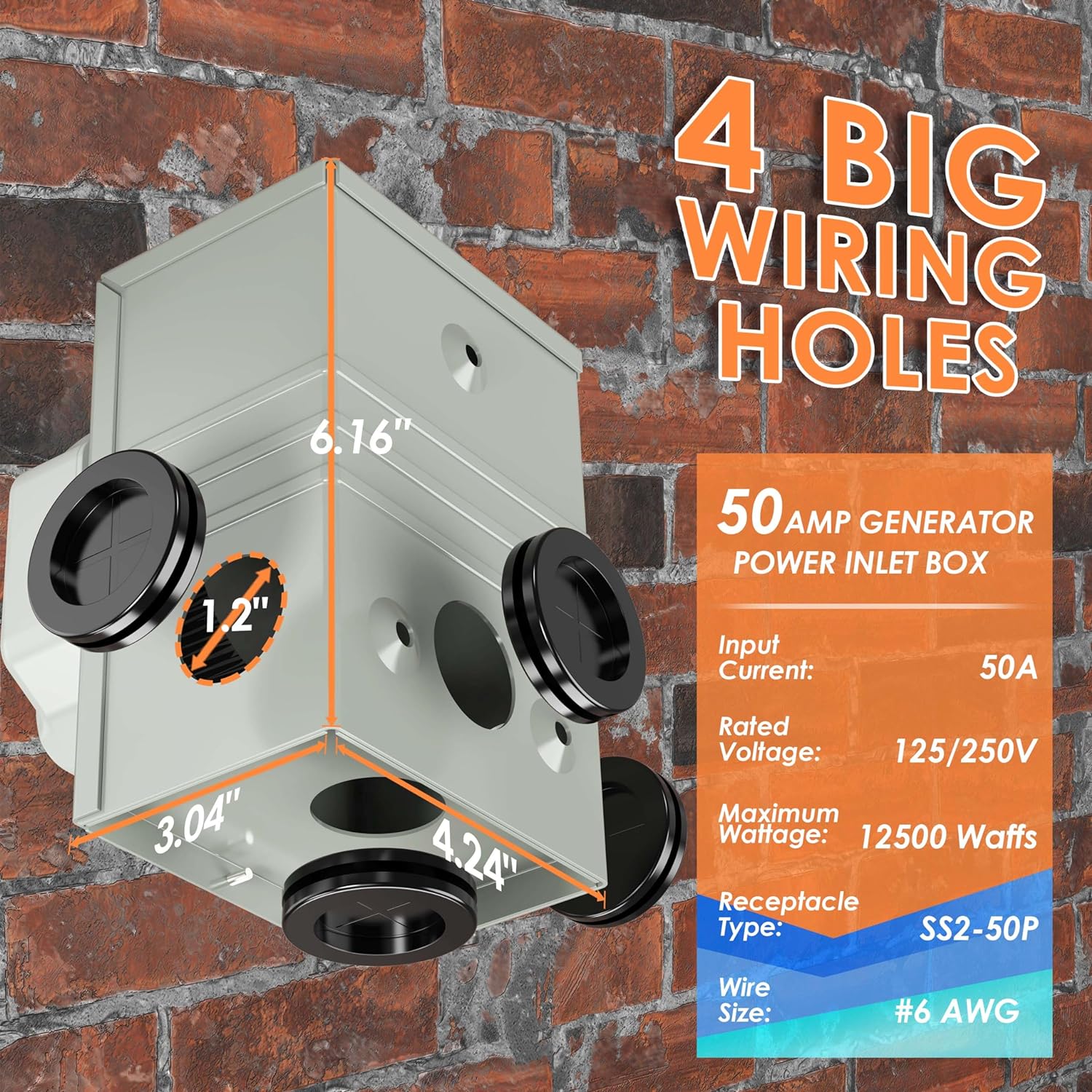 50 Amp 10 Feet Generator Cord and Power Inlet Box Combo Kit NEMA 14-50P Male to SS2-50R STW 6/3+8/1 AWG 125/250V Twist Locking with Inlet Box for Generator to House