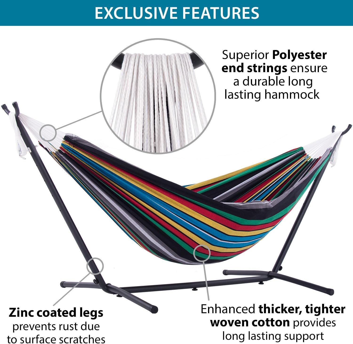 Vivere Double Cotton Hammock with Steel Stand, 450 lb Capacity, Tropical Colors, Includes Premium Carry Bag