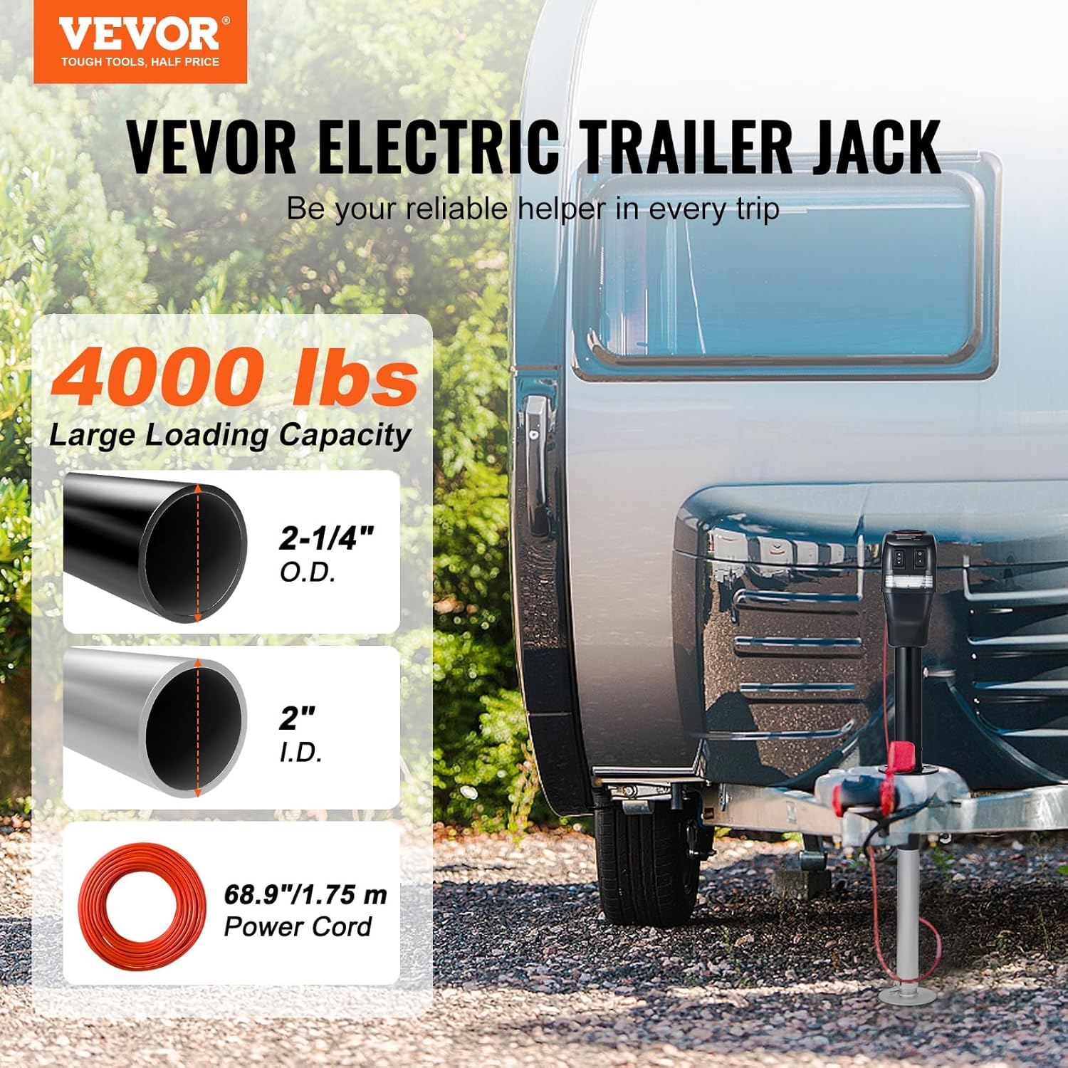 VEVOR Electric Trailer Jack 4000 lbs Capacity, Adjustable Height 9.84���-27.95���, Waterproof Cover, LED Light, for RV & Utility Trailers