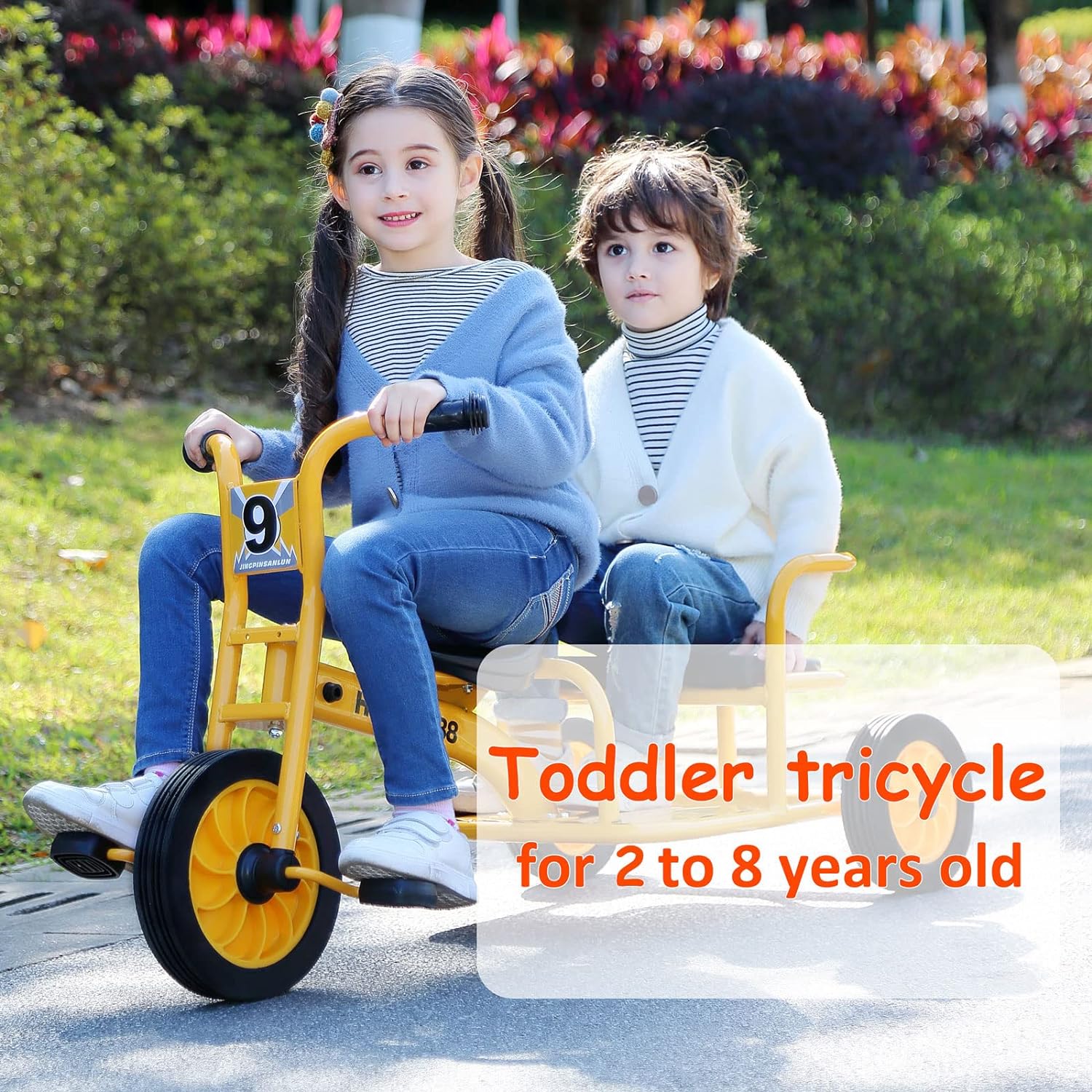 Double Seat Tandem Tricycle for Kids Ages 3-8, Carbon Steel Frame, Inflation-Free Rubber Wheels, Outdoor Play Equipment