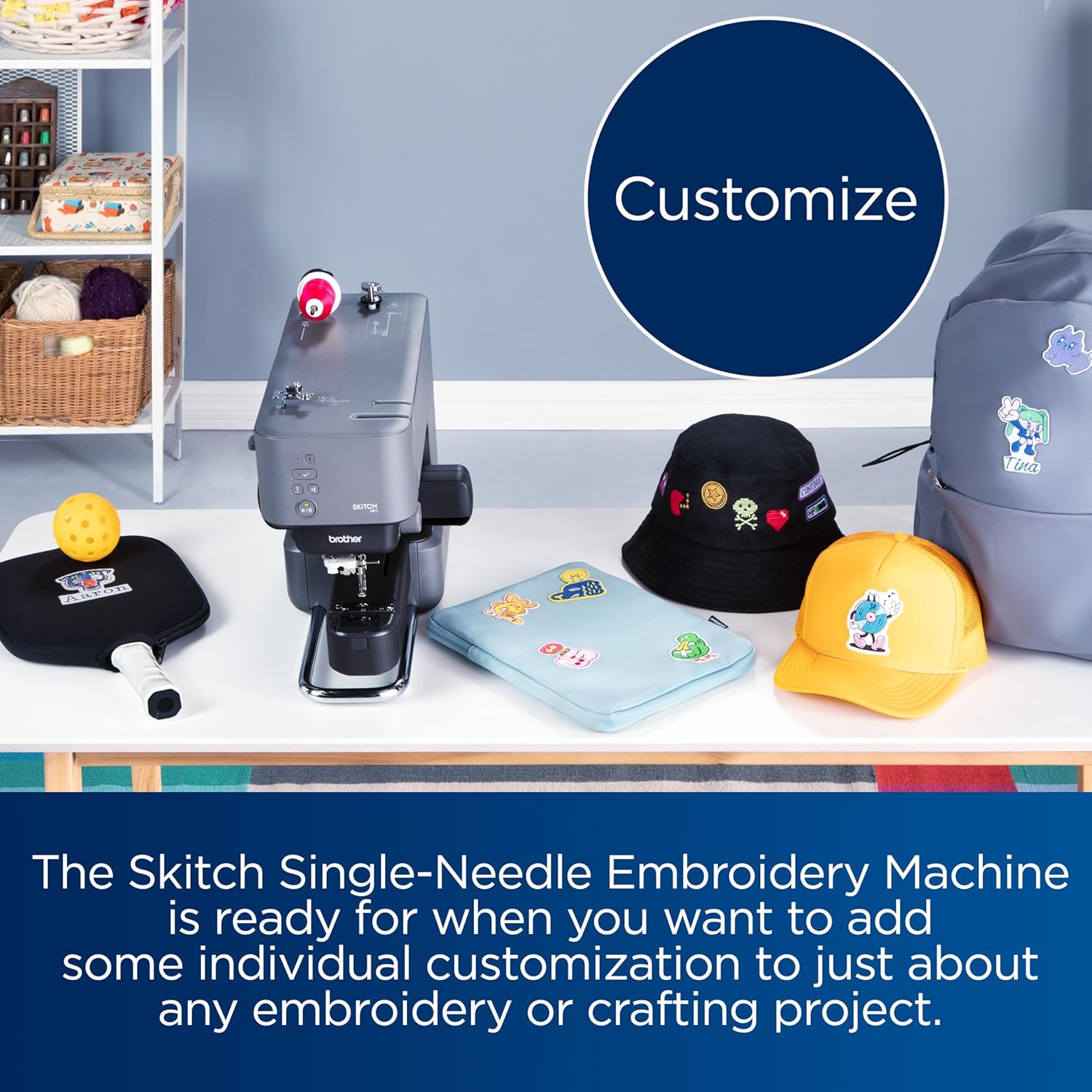 Skitch Single-Needle Embroidery Machine with Mobile App Support Bundle with Brother Magnetic SAMFP70 3 in. x 3 in. Embroidery Frame (2 Items)
