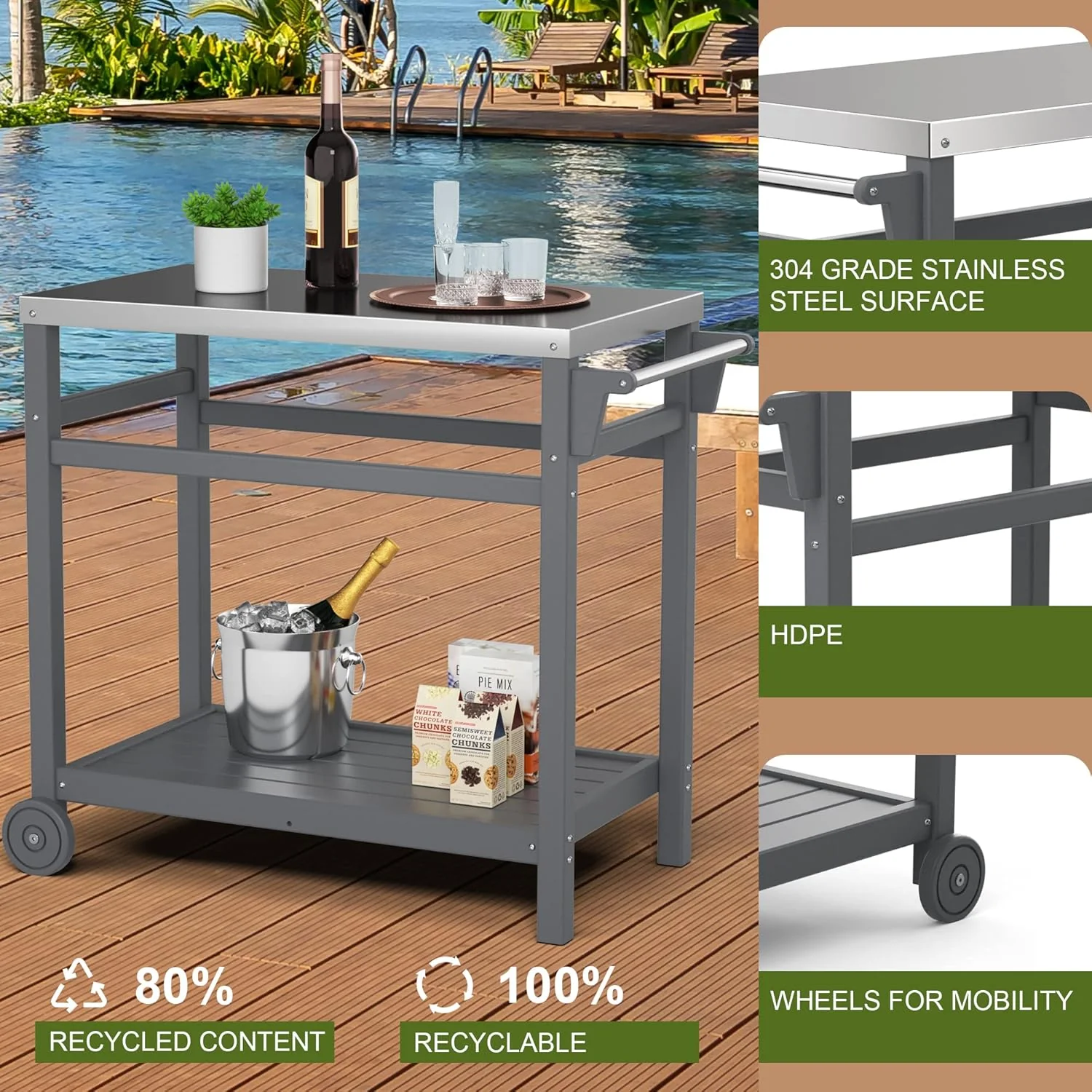 Outdoor Prep Cart Dining Table for Pizza Oven, Patio Grilling, and Backyard BBQ | Gray