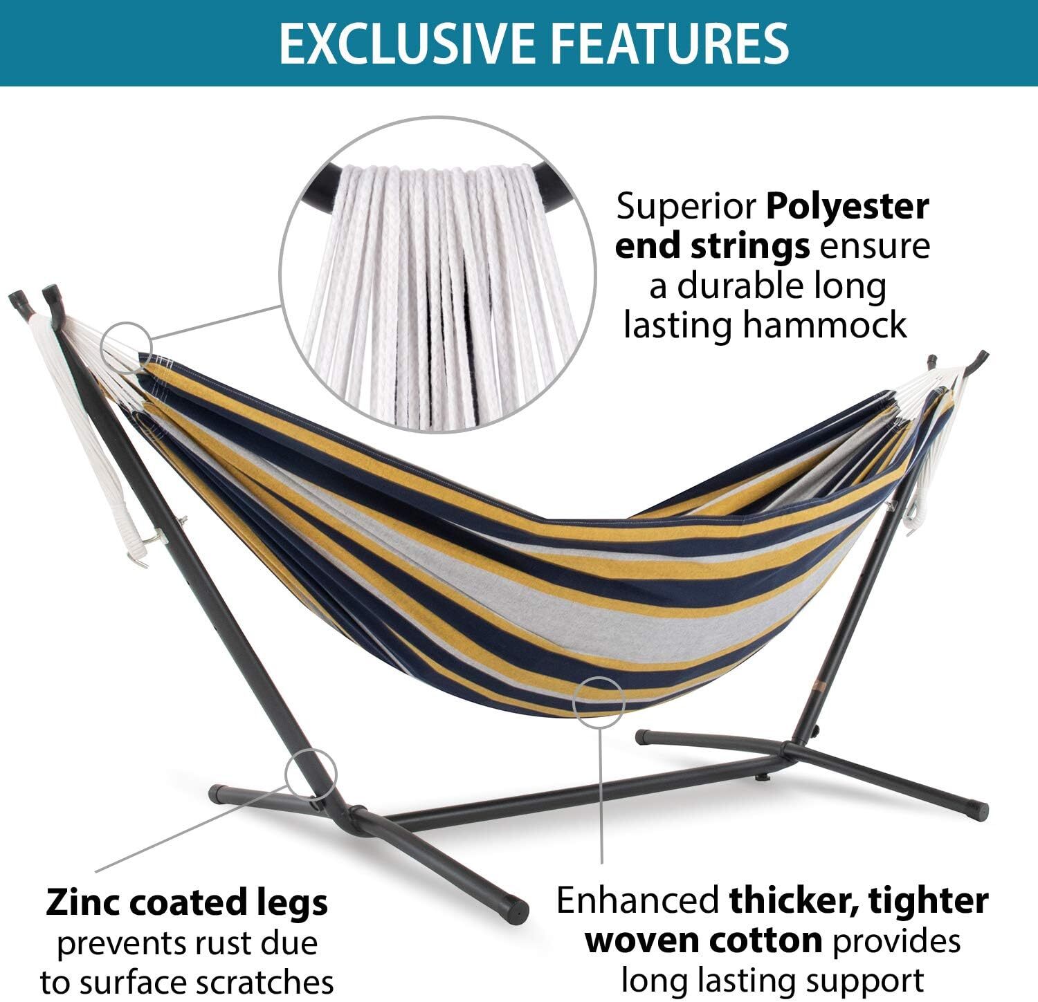 Vivere Double Cotton Hammock with Steel Stand, 450 lb Capacity, Tropical Colors, Includes Premium Carry Bag