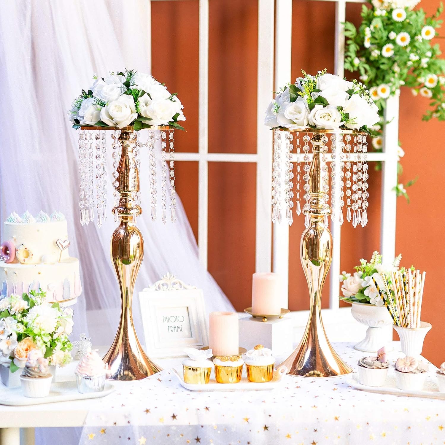 Sziqiqi Gold Metal Crystal Centerpiece Riser, 21.3    Tall, Pack of 10, Elegant Floral Stand for Weddings & Events