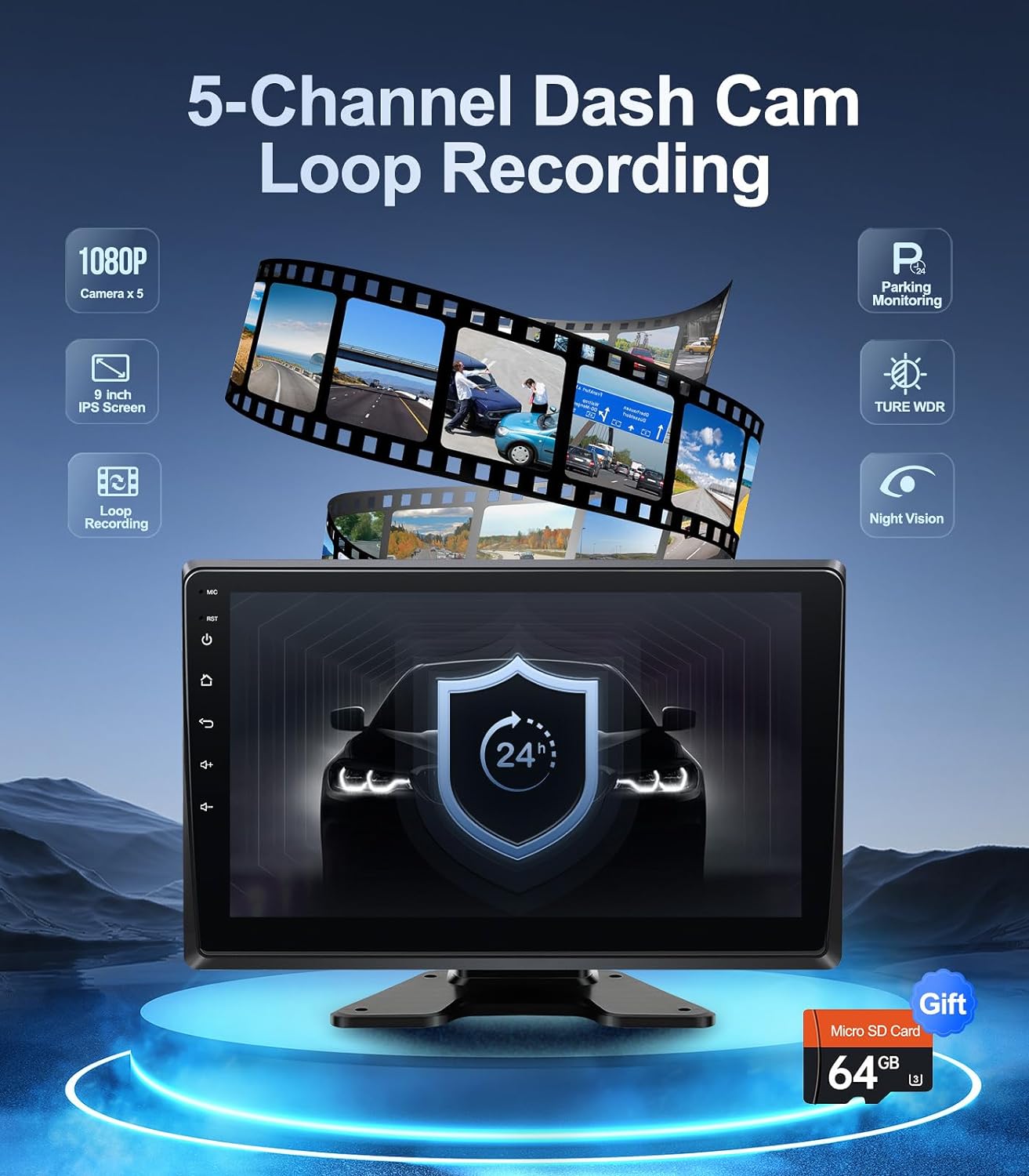 5-Channel 1080P Backup Camera Dash Cam with 9'' Monitor Android.11 System,DVR Recording Back Up Camera for RV/Truck/Van/Trailer/SUV Cars, Car Stereo with Wireless CarPlay/Android Auto/BT/FM radio/WiFi