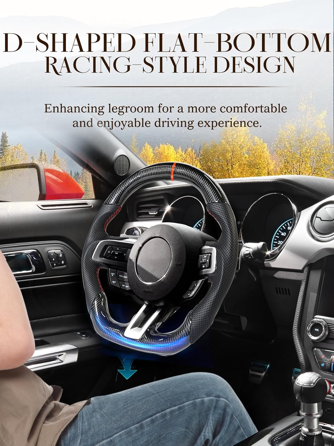 Carbon Fiber Steering Wheel for Ford Mustang 2018-2022 Nappa Perforated Leather with Hand Stitching D-shaped Steering Wheel for Mustang EcoBoost/GT for Shelby GT350/GT350R