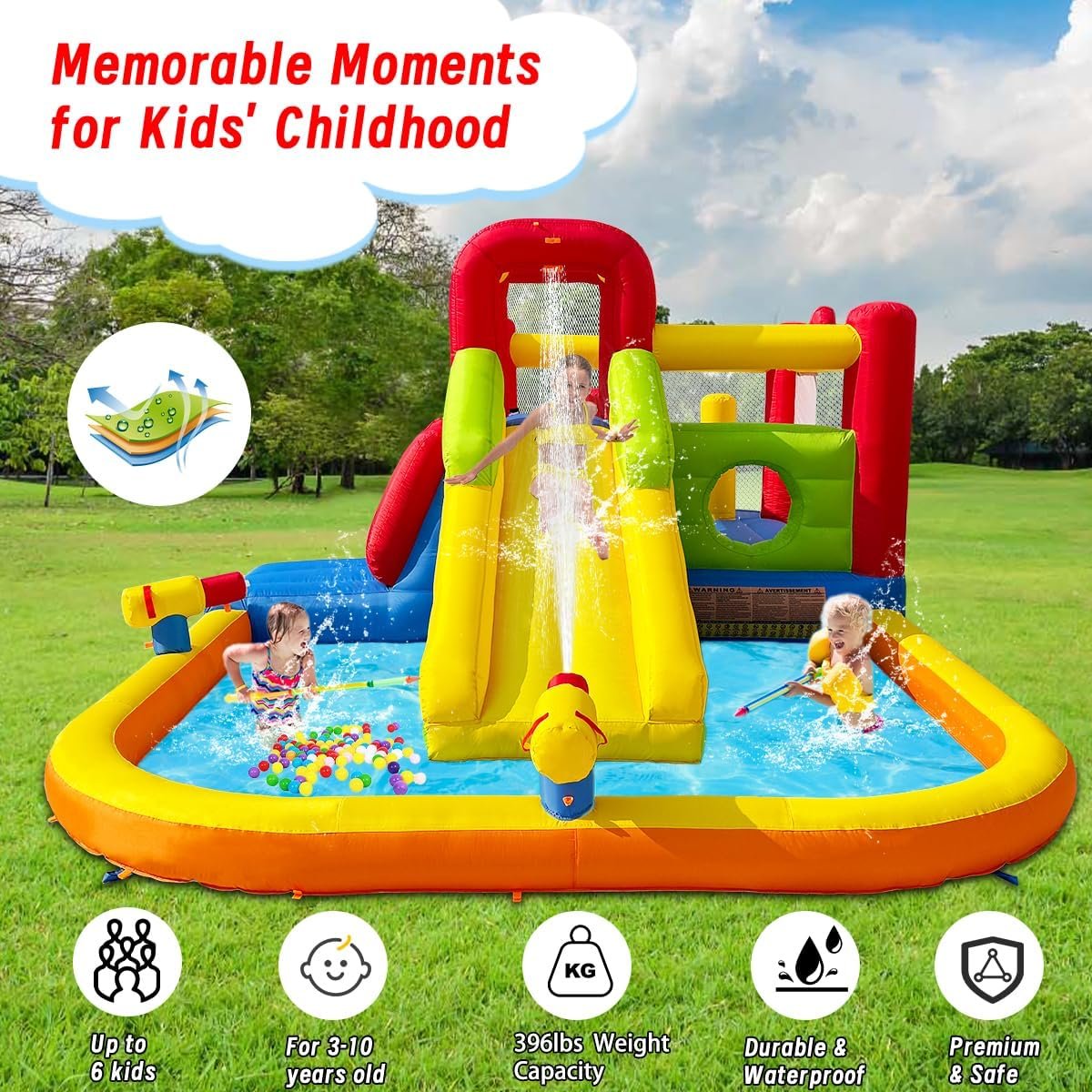 Bounce House Inflatable Water Slide for Kids, Water Park With Splash Pool, Double Cannon, 2 Climbing Walls, Obstacles, Blow Up Jumping Castle With Blower