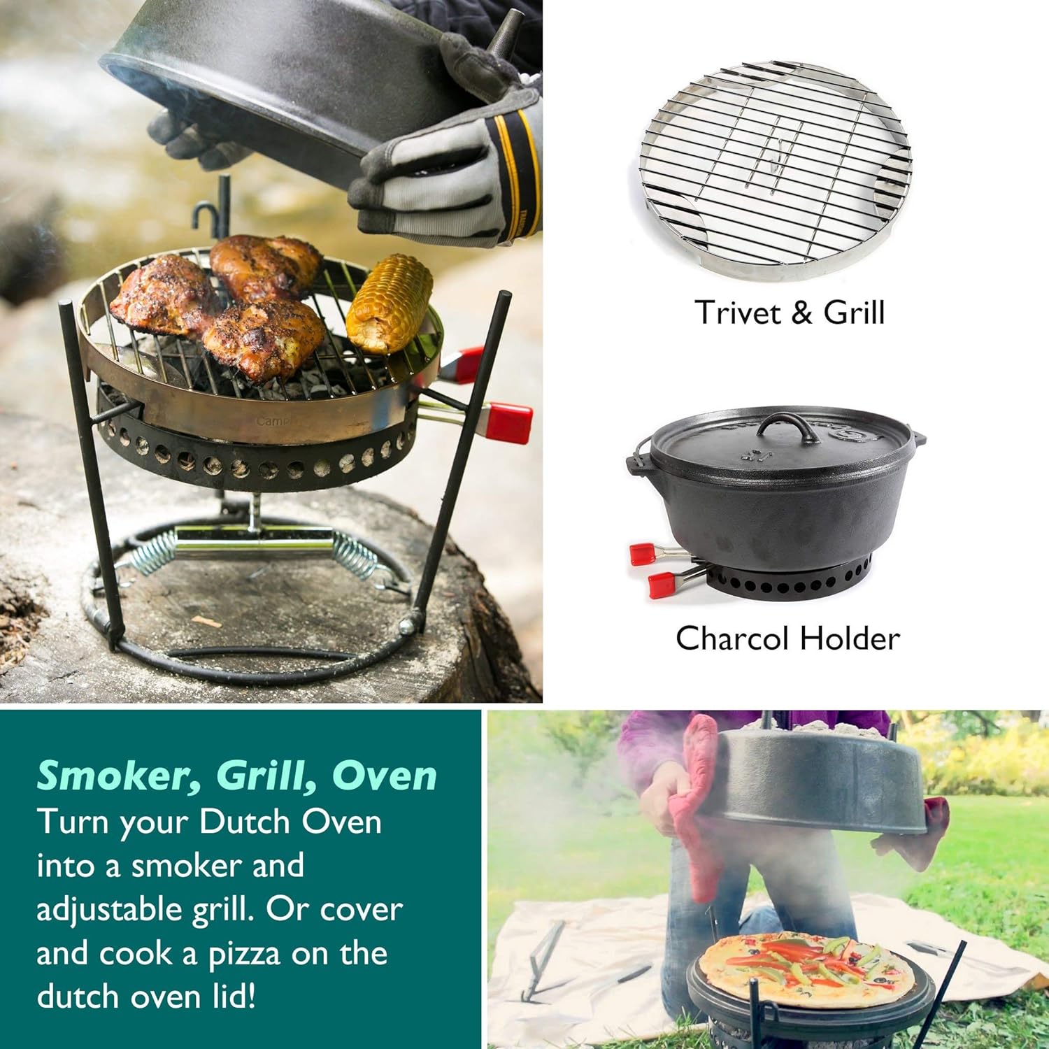 Outdoor Cooking Set - Dutch Oven and Tools Set - Charcoal Holder & Cast Iron Grill Accessories - Camping Grill Set - Outdoor Cooking Essentials - Camp Kitchen Equipment - (8 Piece Set)