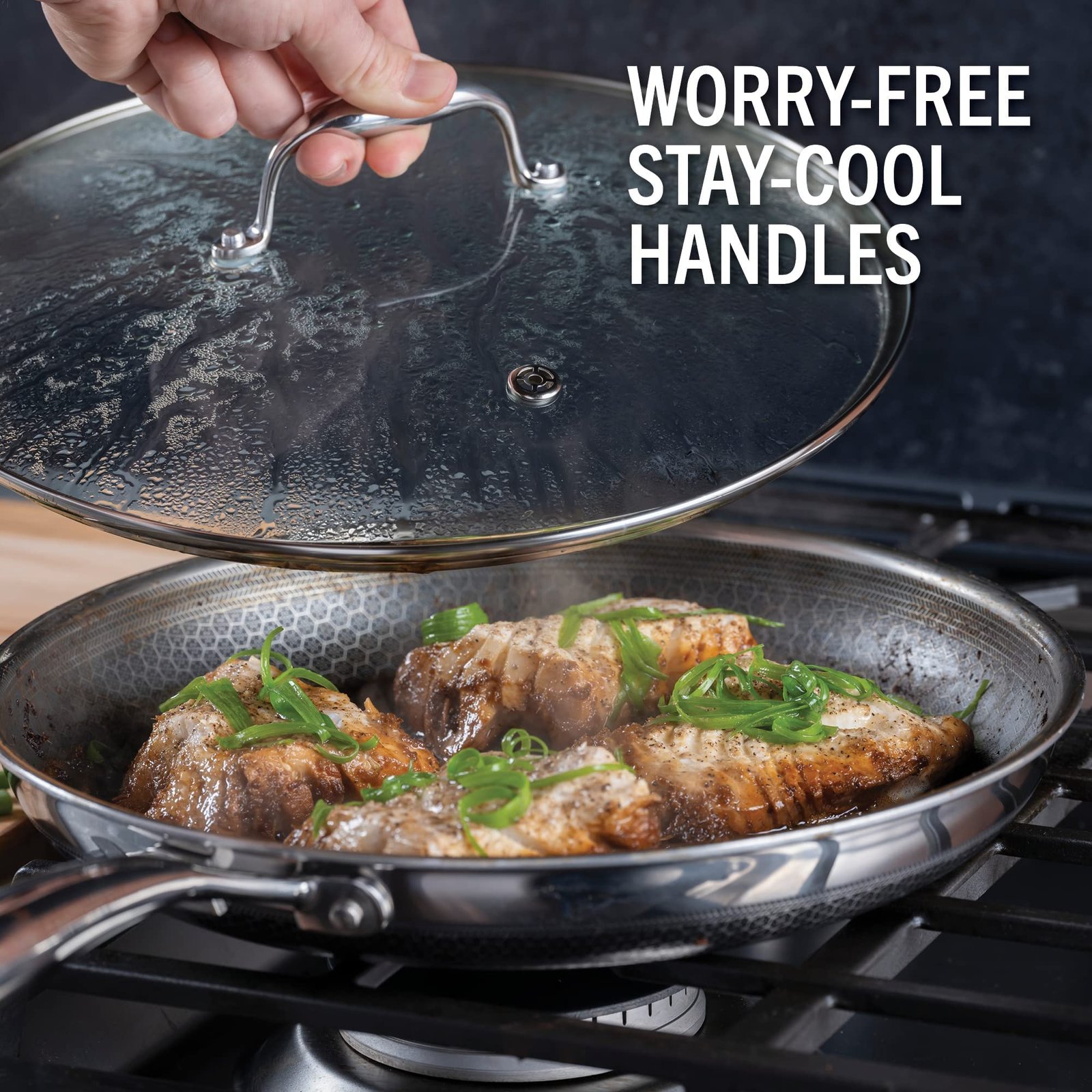 HexClad Hybrid Nonstick 12-Inch Fry Pan with Tempered Glass Lid, Stay-Cool Handle, Dishwasher and Oven Safe