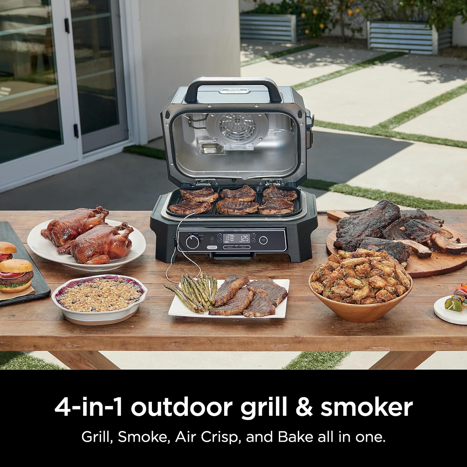 7-in-1 Grill & Smoker with Thermometer, Air Fryer, BBQ, Bake, Roast, Broil - Portable Electric Outdoor Grill, Grey
