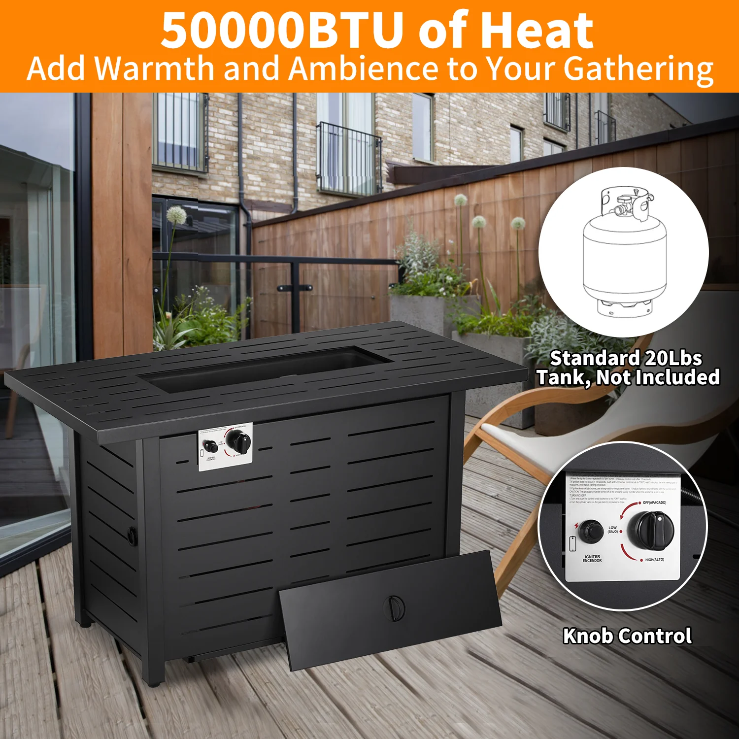 R.W.FLAME 43��� Outdoor Propane Gas Fire Pit Table with Glass Cover, Multi-Function BBQ Grill & Bonfire Pit, 50,000 BTU, ETL/CSA Certified