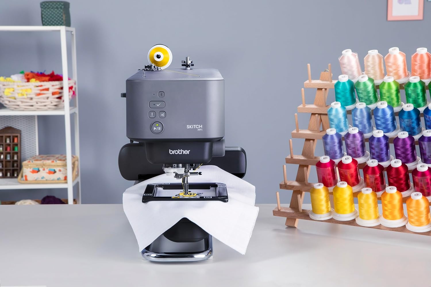 Skitch Single-Needle Embroidery Machine with Mobile App Support Bundle with Brother Magnetic SAMFP70 3 in. x 3 in. Embroidery Frame (2 Items)