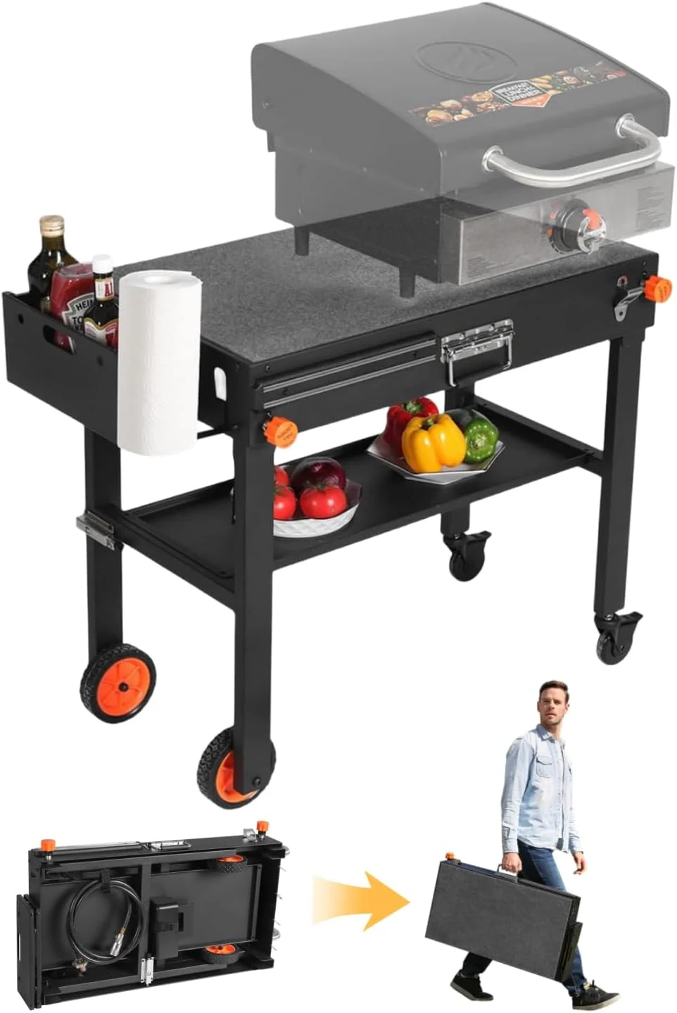 Outdoor Grill Table - Blackstone Griddle Stand with BBQ Prep Table, Wheels, Seasoning Tray