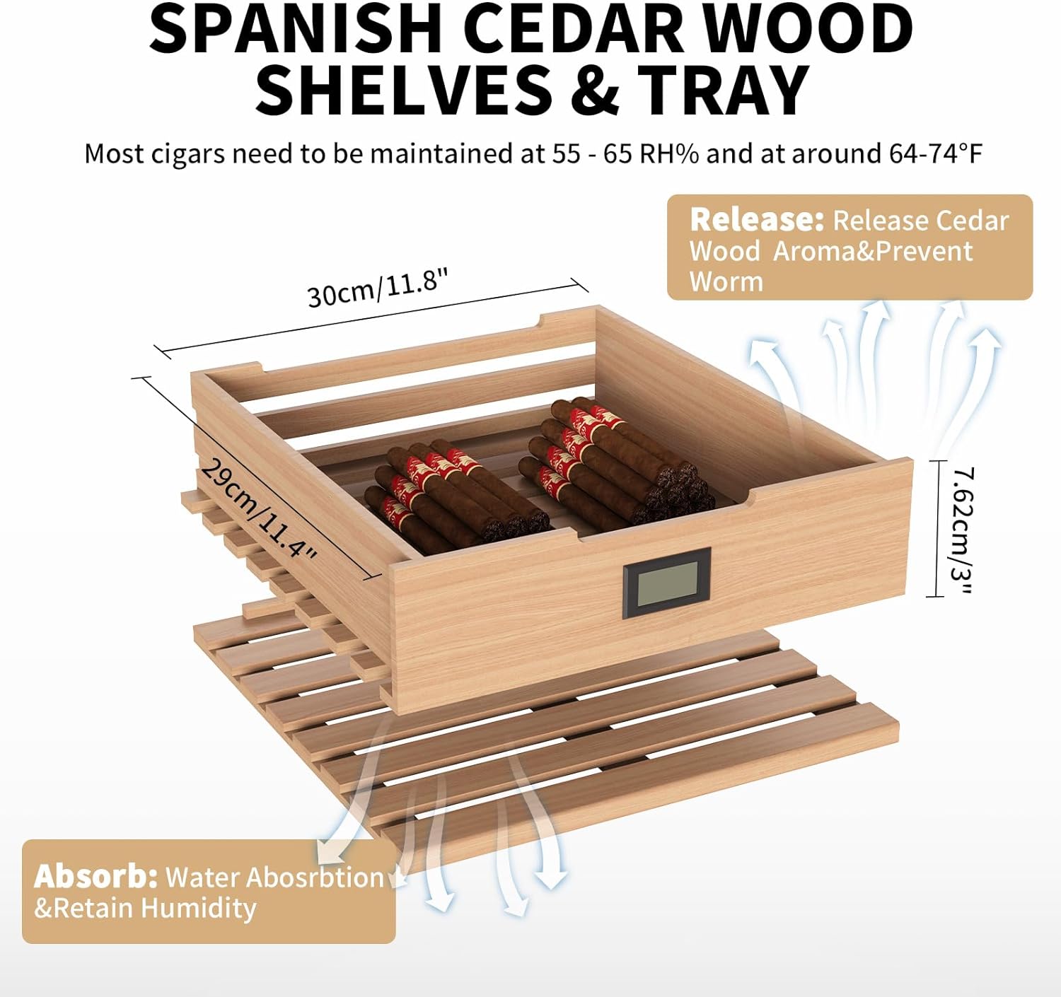 ThermoCigar 48L Cigar Humidor with Heating & Cooling, Cedar Wood, Digital Hygrometer, Quiet Electric Cooler for 350 Cigars