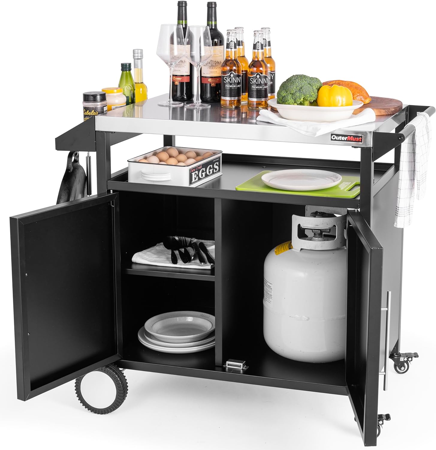 Grill Table Outdoor Kitchen Cabinet, Moveable Outdoor Prep Table & Bar for Storage, Grilling and Pizza Oven, Multifunctional Silver & Black