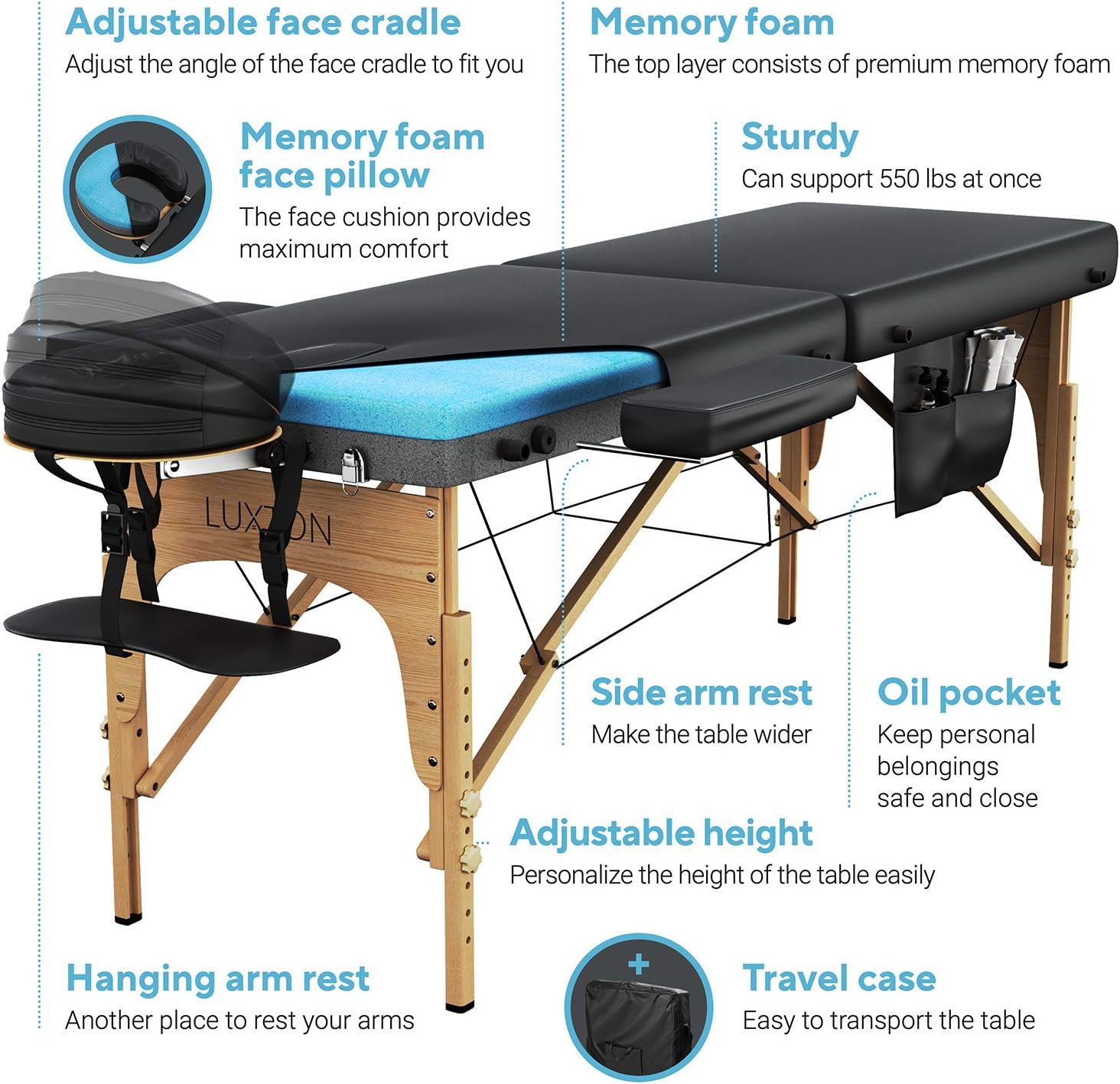 Home Premium Memory Foam Massage Table - Easy Set Up - Foldable & Portable with Carrying Case