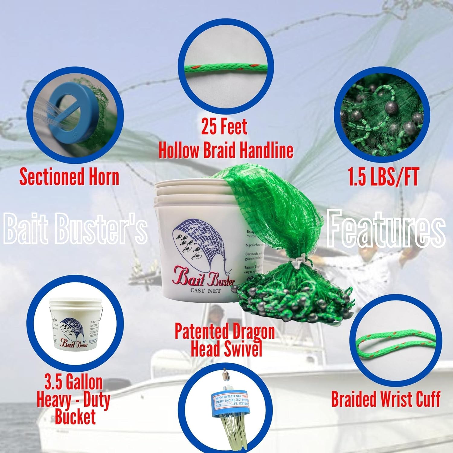 Bait Buster 5FT Radius Cast Net, Green, 3/8    Sq. Mesh, 100 LB Braille Lines, Fishing