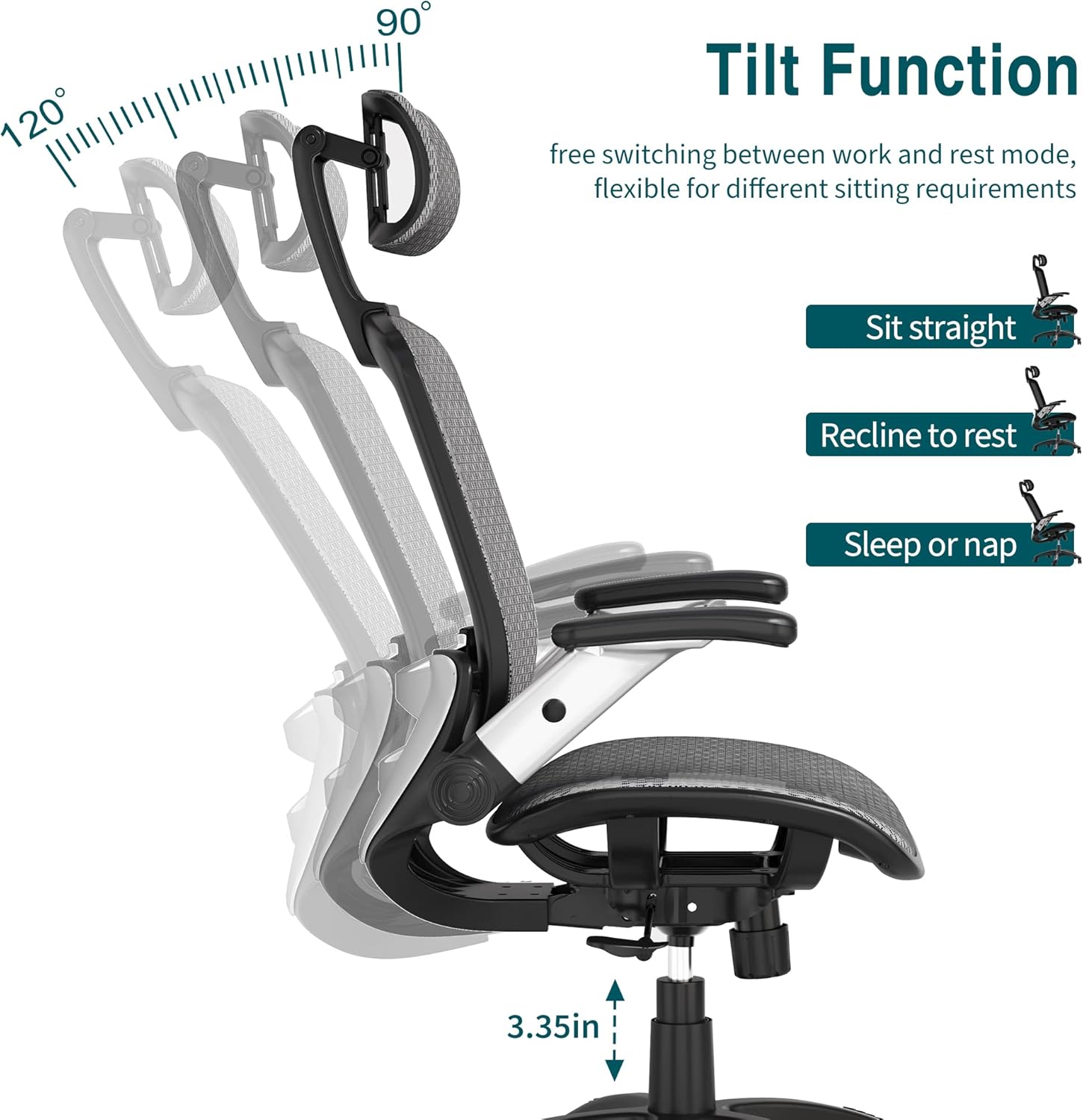 Ergonomic Mesh Office Chair, High Back Desk Chair - Adjustable Headrest with Flip-Up Arms, Tilt Function, Lumbar Support and PU Wheels, Swivel Computer Task Chair