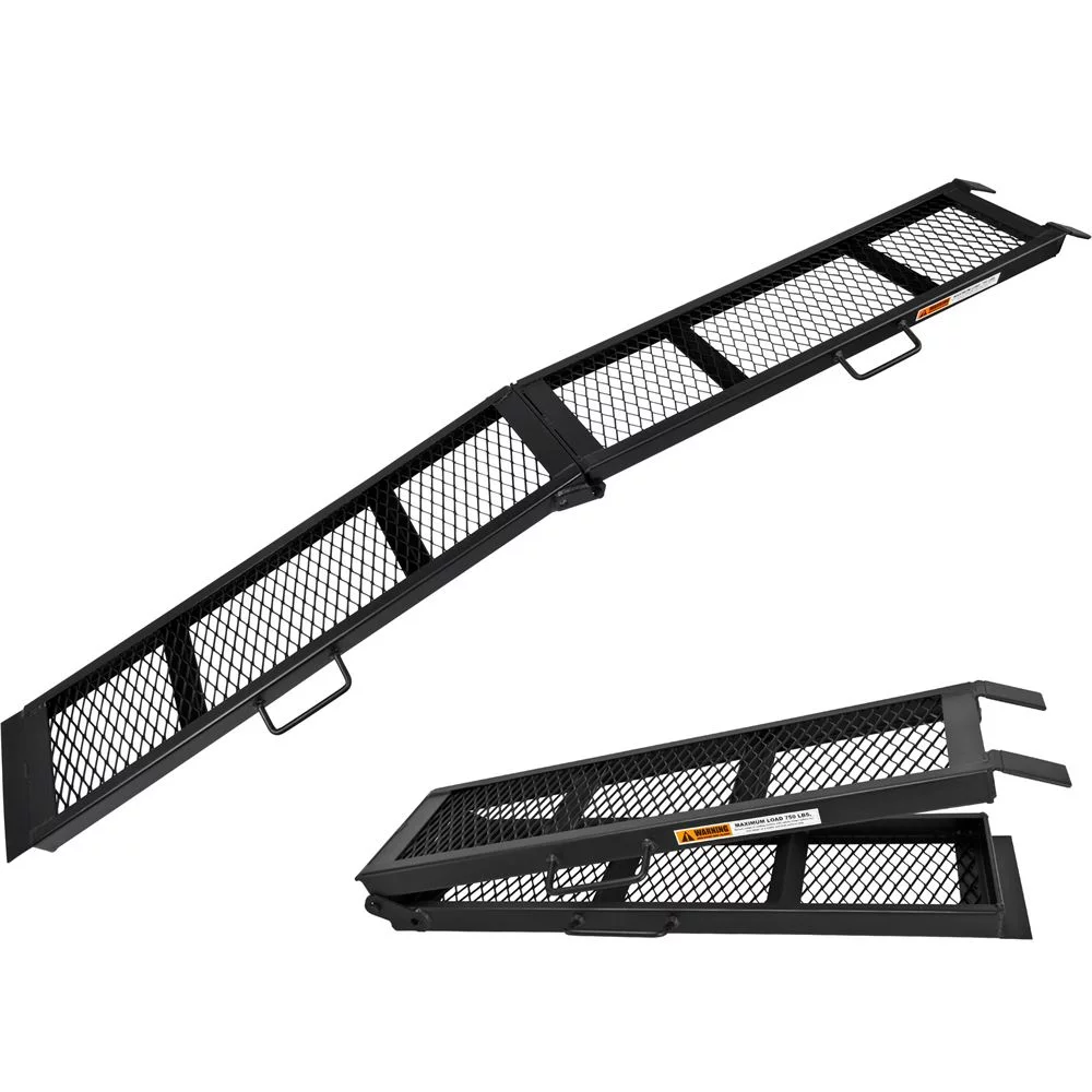 Black Steel Dual Runner Folding ATV Ramps, 90in, 1,500 lbs Capacity, Heavy-Duty with Mesh Surface, Includes Safety Straps