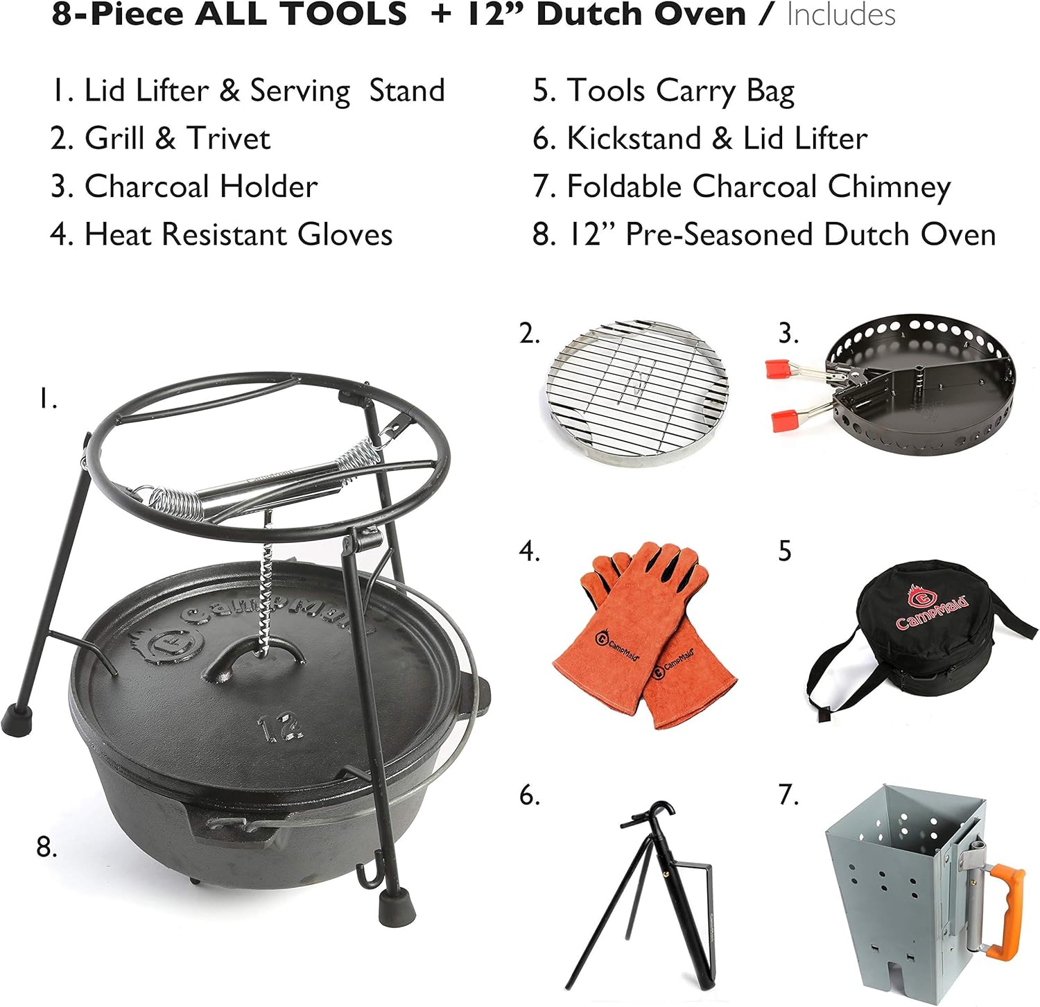 Outdoor Cooking Set - Dutch Oven and Tools Set - Charcoal Holder & Cast Iron Grill Accessories - Camping Grill Set - Outdoor Cooking Essentials - Camp Kitchen Equipment - (8 Piece Set)