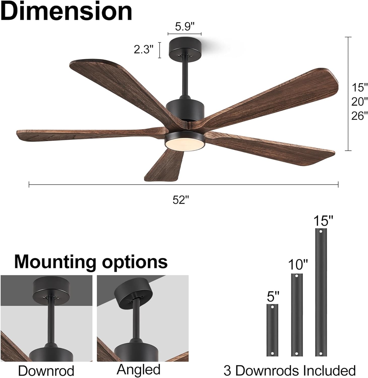 Ceiling Fans with Lights, 60 inch Outdoor Ceiling Fans with Lights for Patio and Remote Control, Modern Ceiling Fan with Light, 5 Solid Wood Blades 6-Speed Reversible DC Motor (Dark Brown)