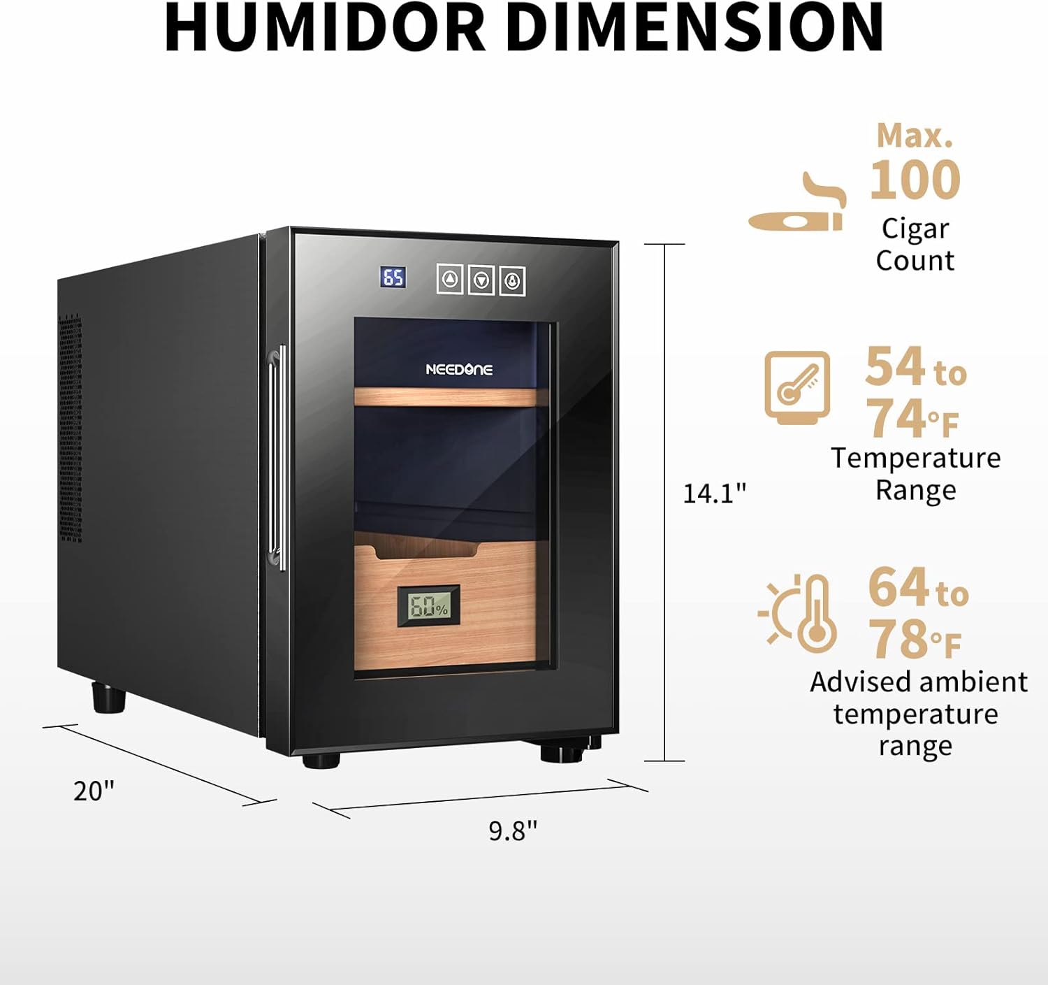 ThermoCigar 48L Cigar Humidor with Heating & Cooling, Cedar Wood, Digital Hygrometer, Quiet Electric Cooler for 350 Cigars