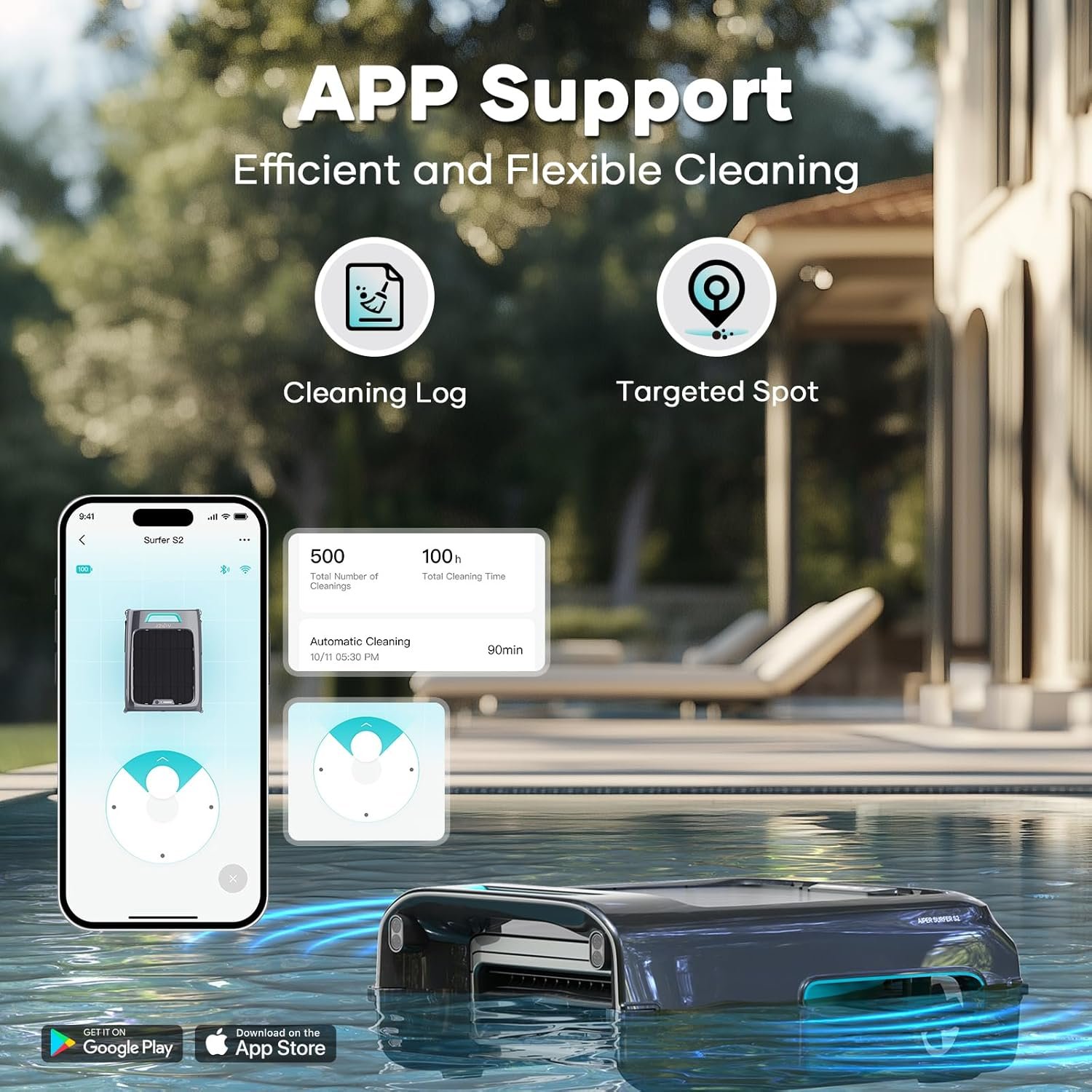 AIPER Surfer S2 Solar Pool Skimmer with APP Support, 24/7 Cleaning, Dual Charging Modes, Smart Obstacle Avoidance, Ideal for All Swimming Pool Types