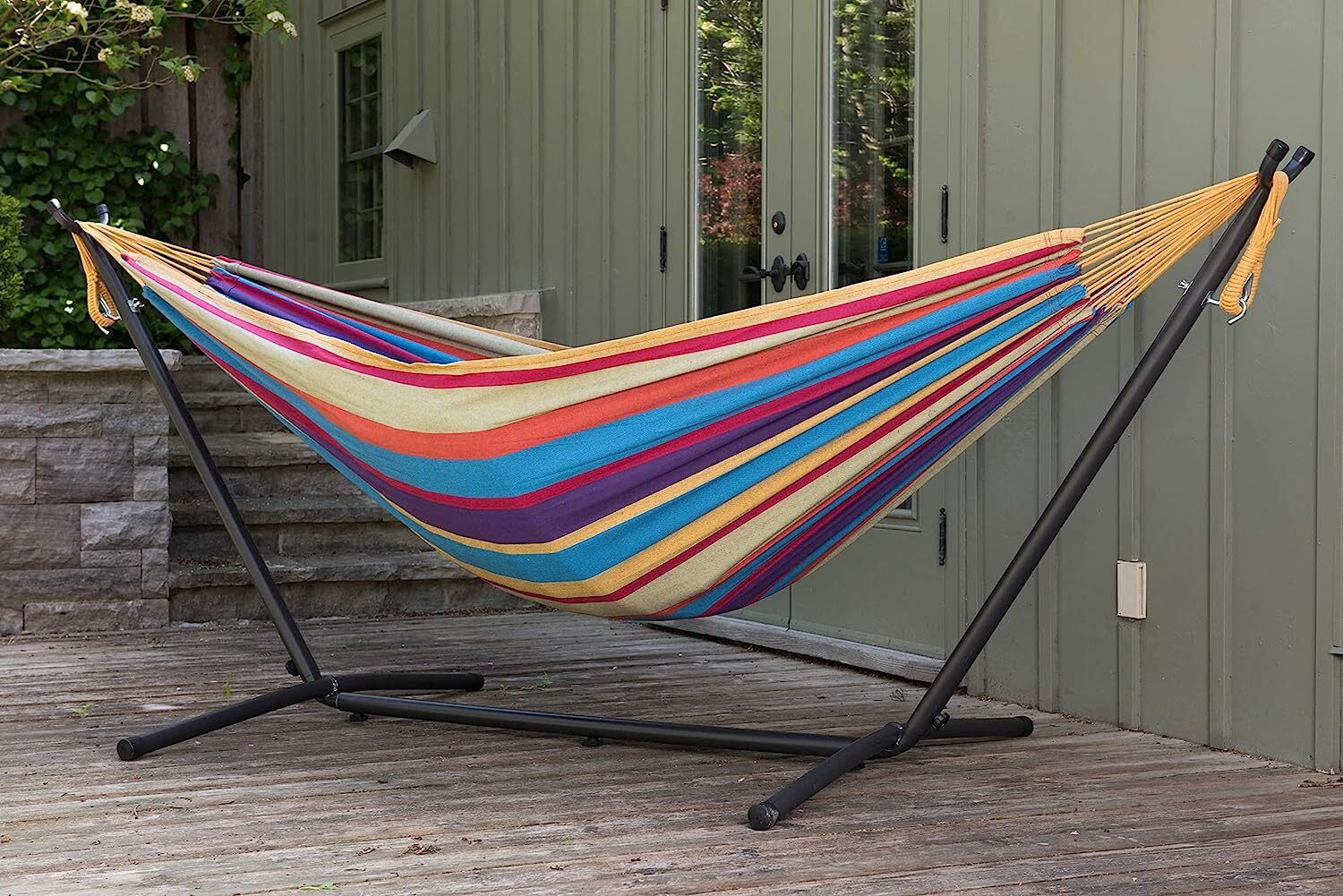 Vivere Double Cotton Hammock with Steel Stand, 450 lb Capacity, Tropical Colors, Includes Premium Carry Bag