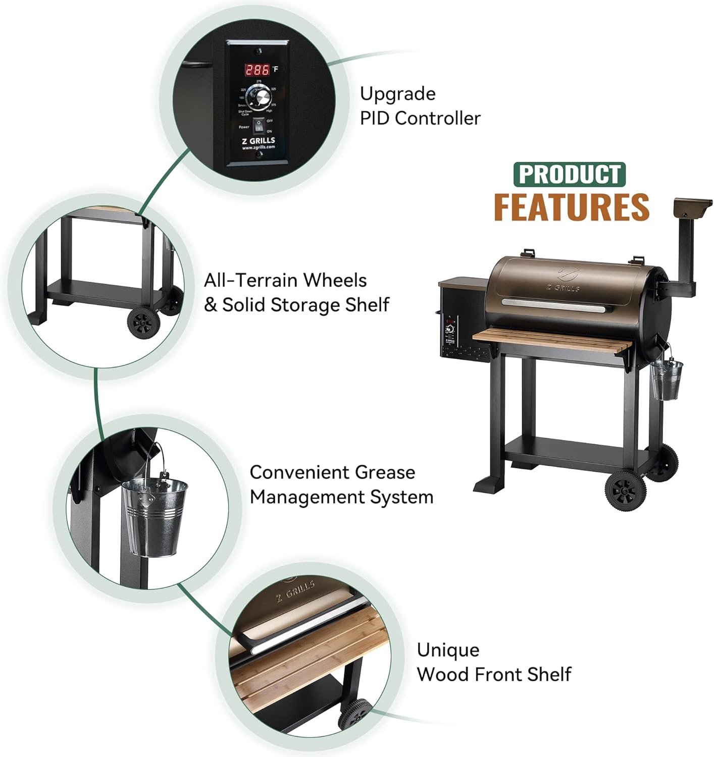 Z GRILLS Wood Pellet Grill Smoker with 552 Cooking Area & Front Shelf for Outdoor BBQ, Smoke, Bake and Roast, 550C