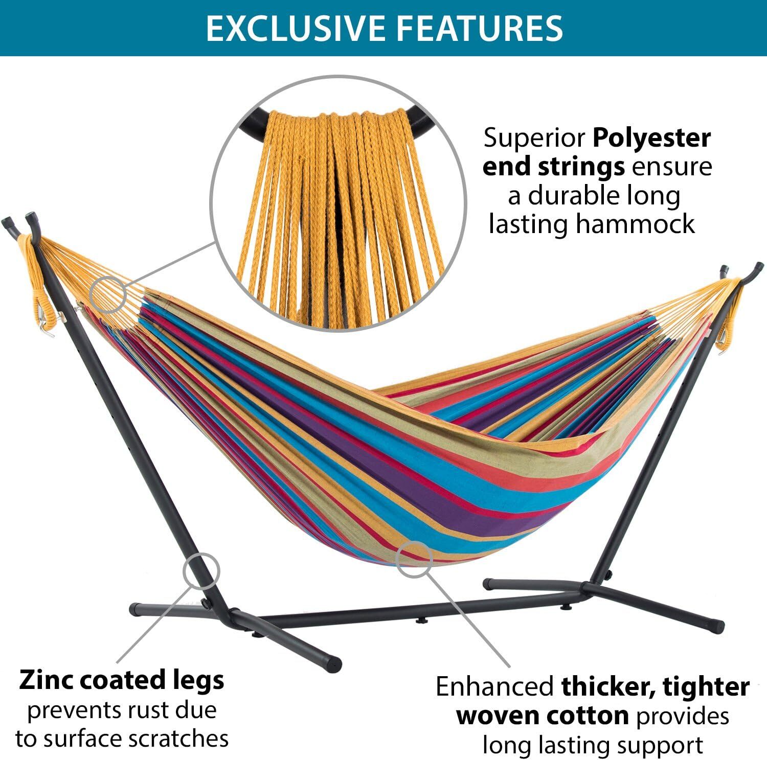 Vivere Double Cotton Hammock with Steel Stand, 450 lb Capacity, Tropical Colors, Includes Premium Carry Bag