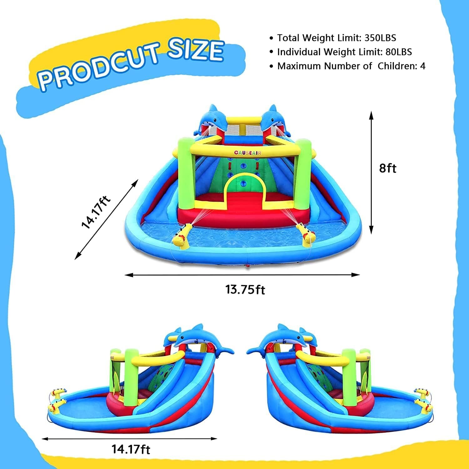 Inflatable Bounce House with Double Slide,Dolphin Styling,Splashing Pool,Double Water Cannon,Climbing Wall,Heavy Duty GFCI Blower,Inflatable Water Park Slide for Kids Backyard Summer