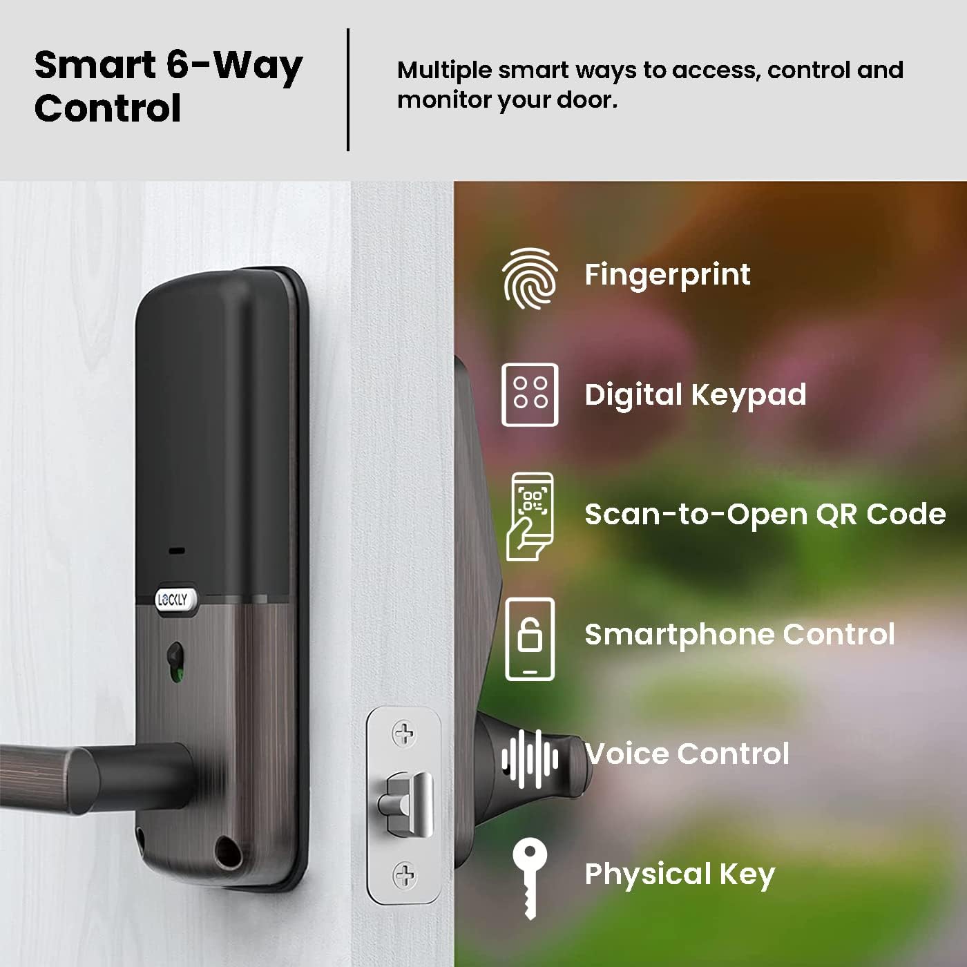 Lockly Smart Door Lock  C Keyless Entry with Biometric Fingerprint, Voice Control, Matte Black, Latch Edition, Wi-Fi & Bluetooth Enabled