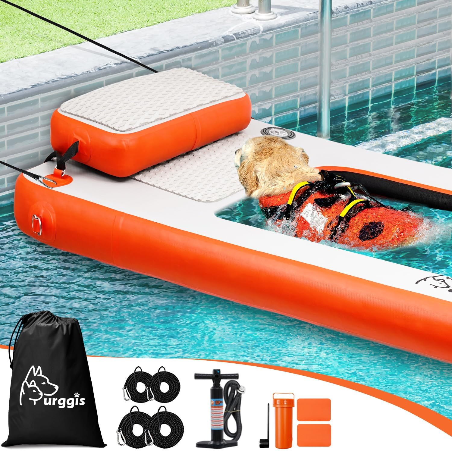 Inflatable Elevated Dog Boat & Pool Ramp, Floating Dog Pupppy-Plank for Pool, Dock & Boat, Non-Slip Dog On Water Ramp with Booster Step, Dog Boat Ladder for Large Dogs Up to 220lbs Climb Out of Water
