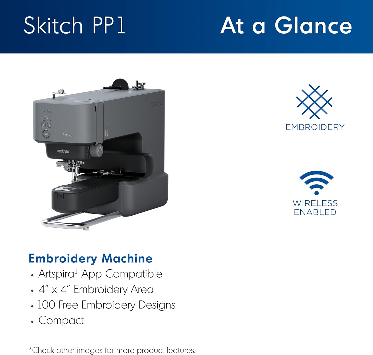 Skitch Single-Needle Embroidery Machine with Mobile App Support Bundle with Brother Magnetic SAMFP70 3 in. x 3 in. Embroidery Frame (2 Items)