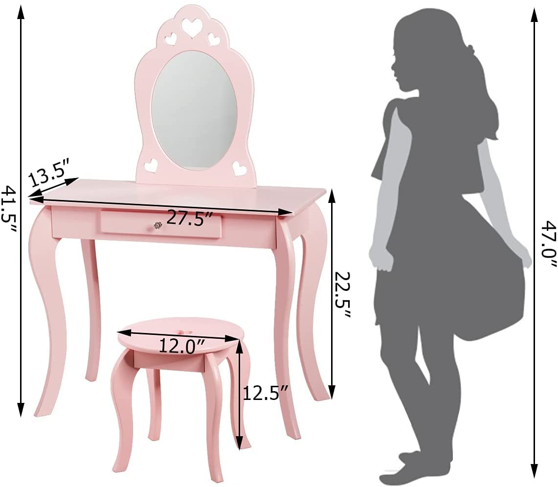 Fireflowery 2-in-1 Vanity Table with Detachable Top, Real Mirror & Drawer, Pink/White, Ideal for Girls