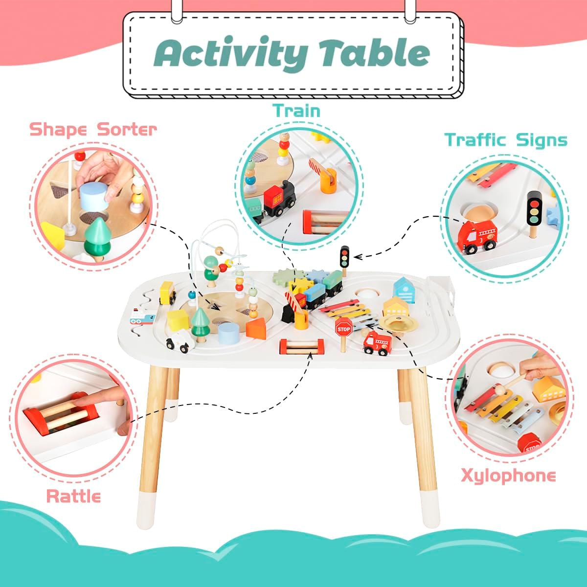 Touch Us Wooden Activity Table for Toddlers  C Montessori Toy with Bead Mazes, Gears & Xylophone, Ages 12 Months+