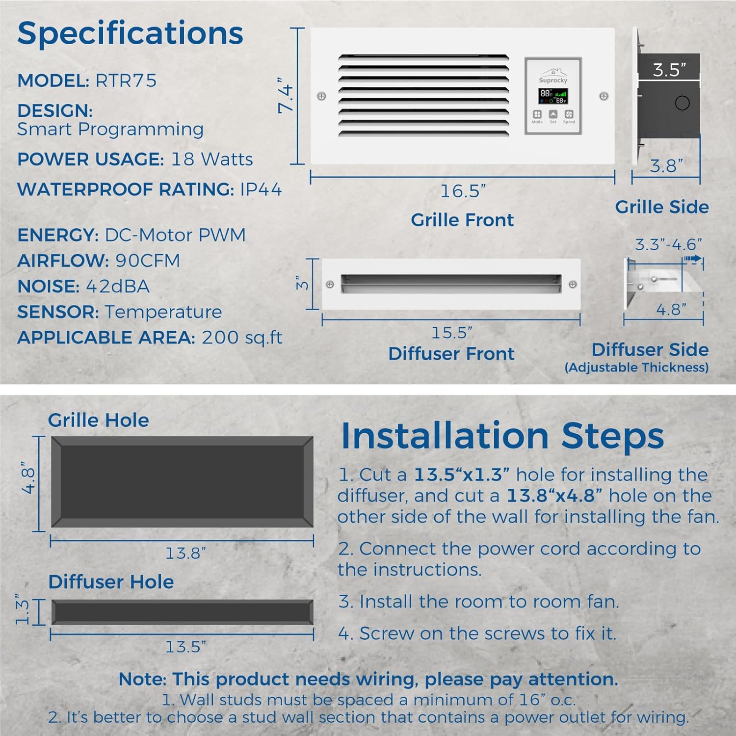 Room to Room Air Transfer Fan, Through Wall Fan with Intelligent Programmed Air Exchange System, Hardwired, 5-Speed, In Wall Vent Fan with Temperature Sensor, 90CFM, RTR75