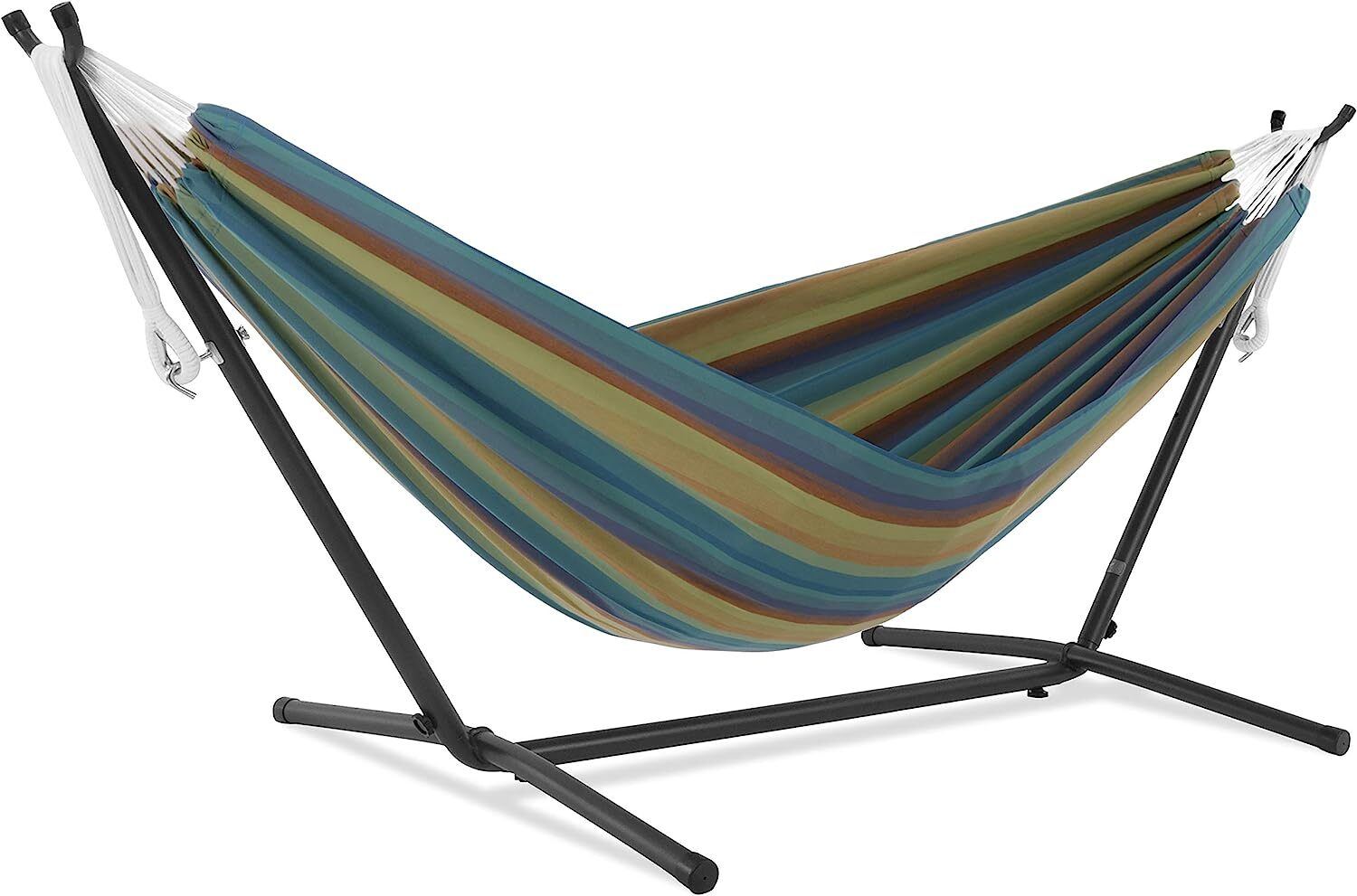 Vivere Double Cotton Hammock with Steel Stand, 450 lb Capacity, Tropical Colors, Includes Premium Carry Bag