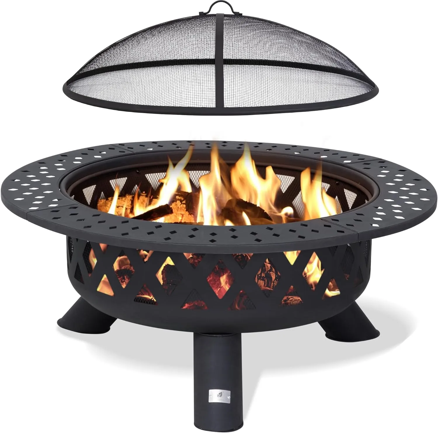 SUNCREAT 42��� Alloy Steel Outdoor Fire Pit, Wood Burning with Spark Screen & Poker, Black, Round Garden Fireplace