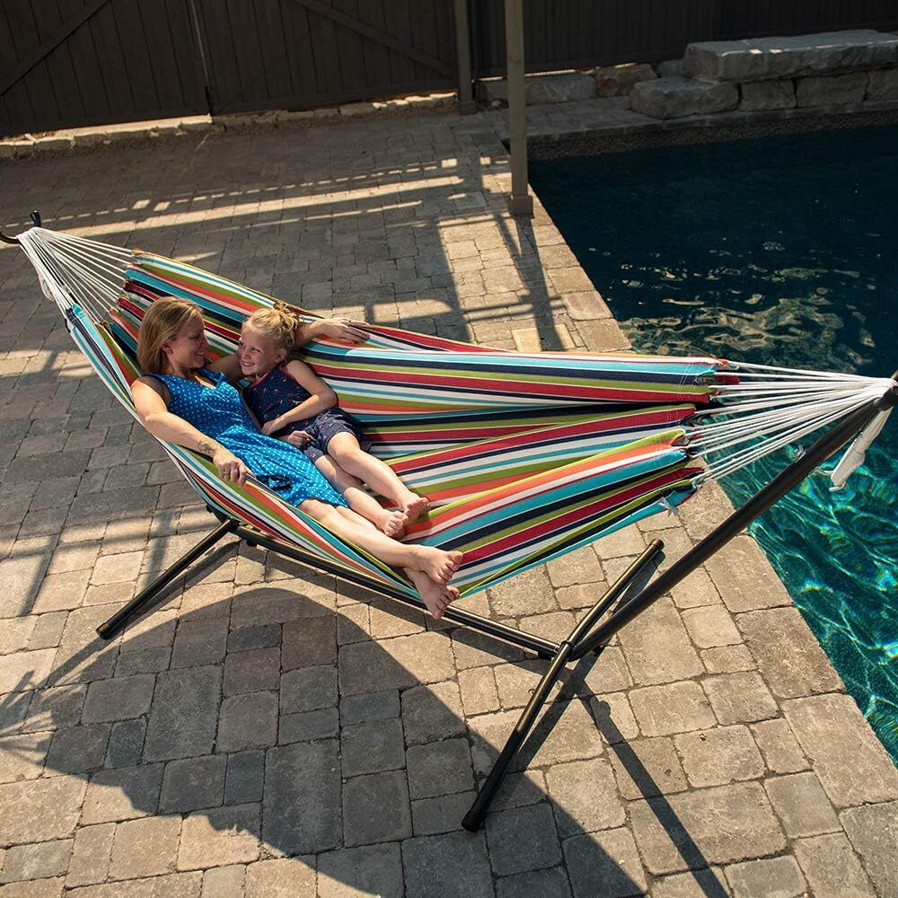 Vivere Double Cotton Hammock with Steel Stand, 450 lb Capacity, Tropical Colors, Includes Premium Carry Bag