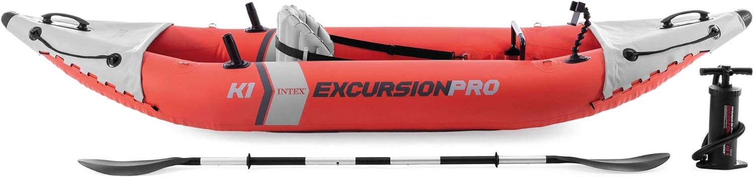 Excursion Pro Inflatable Kayak Series: Includes Deluxe 86in Kayak Paddles and High-Output Pump  ?SuperTough PVC  ?Adjustable Bucket Seat  ?Fishing Rod Holders  ?Grab Handles