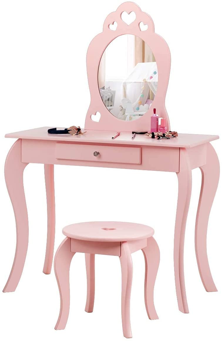 Fireflowery 2-in-1 Vanity Table with Detachable Top, Real Mirror & Drawer, Pink/White, Ideal for Girls