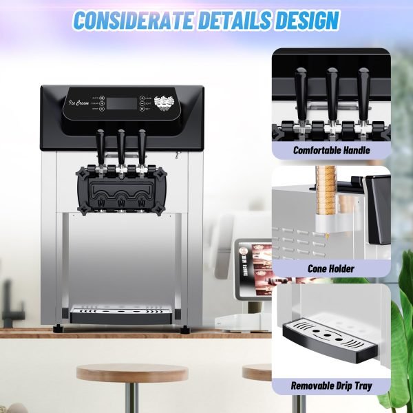 2200W Commercial Ice Cream Machine, 3 Flavor Soft Serve Ice Cream Machine, 5.3-7.4 Gal/Hr, with LCD Touch Screen, Automatic Cleaning, High Productivity for Home Snack Bar & Restaurants