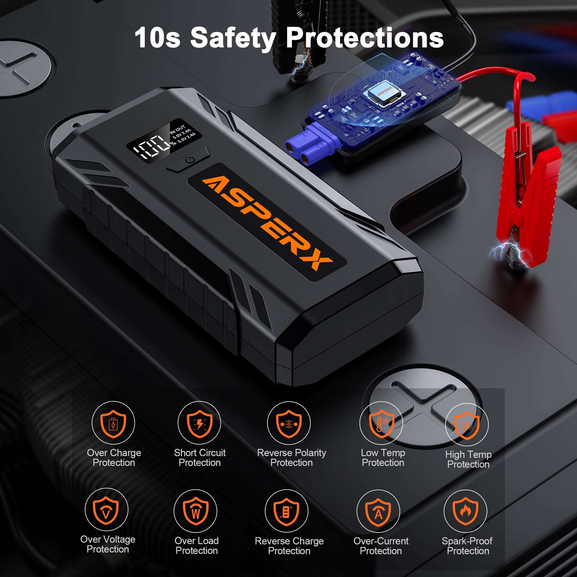 ASPERX AX2000 Car Jump Starter 2000A Peak for 8.0L Gas/6.5L Diesel, 12V Battery Booster with LED Light & Power Bank