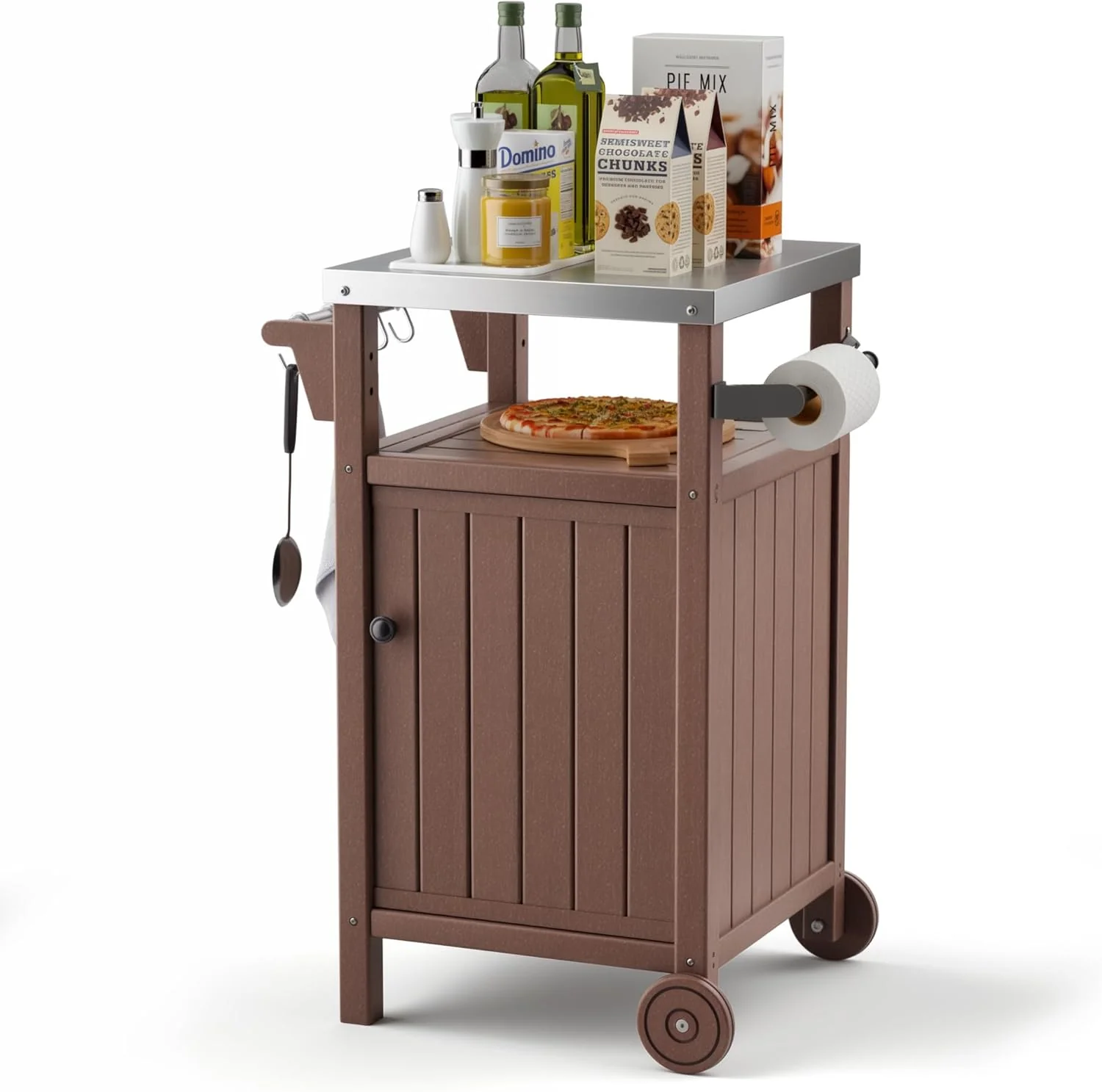 Portable Outdoor Grill Prep Table with Storage, Waterproof Grill Cabinet, Stainless-Steel Tabletop Kitchen Island, BBQ Cart with Wheels and Hooks | Brown