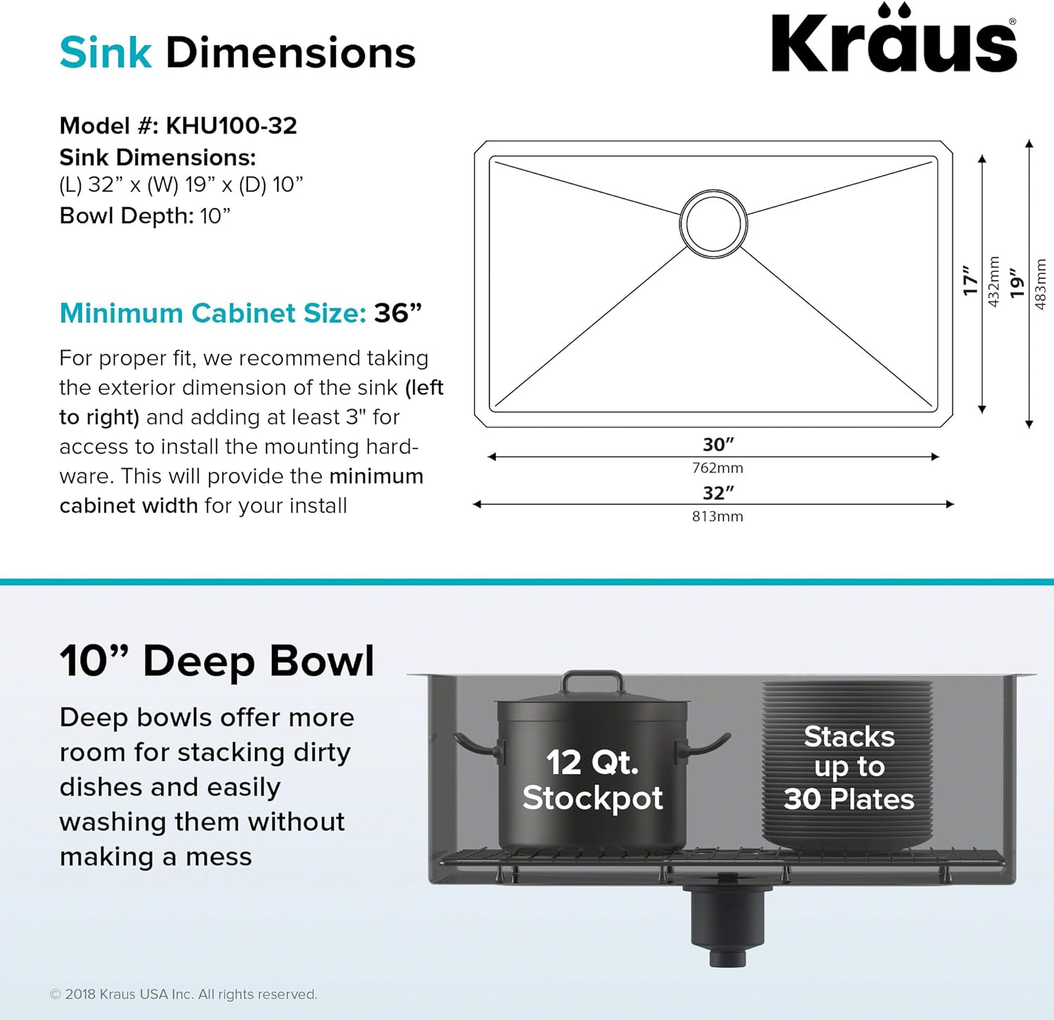 KHU100-32 Standart PRO 16 Gauge Undermount Single Bowl Stainless Steel Kitchen Sink, 32 Inch