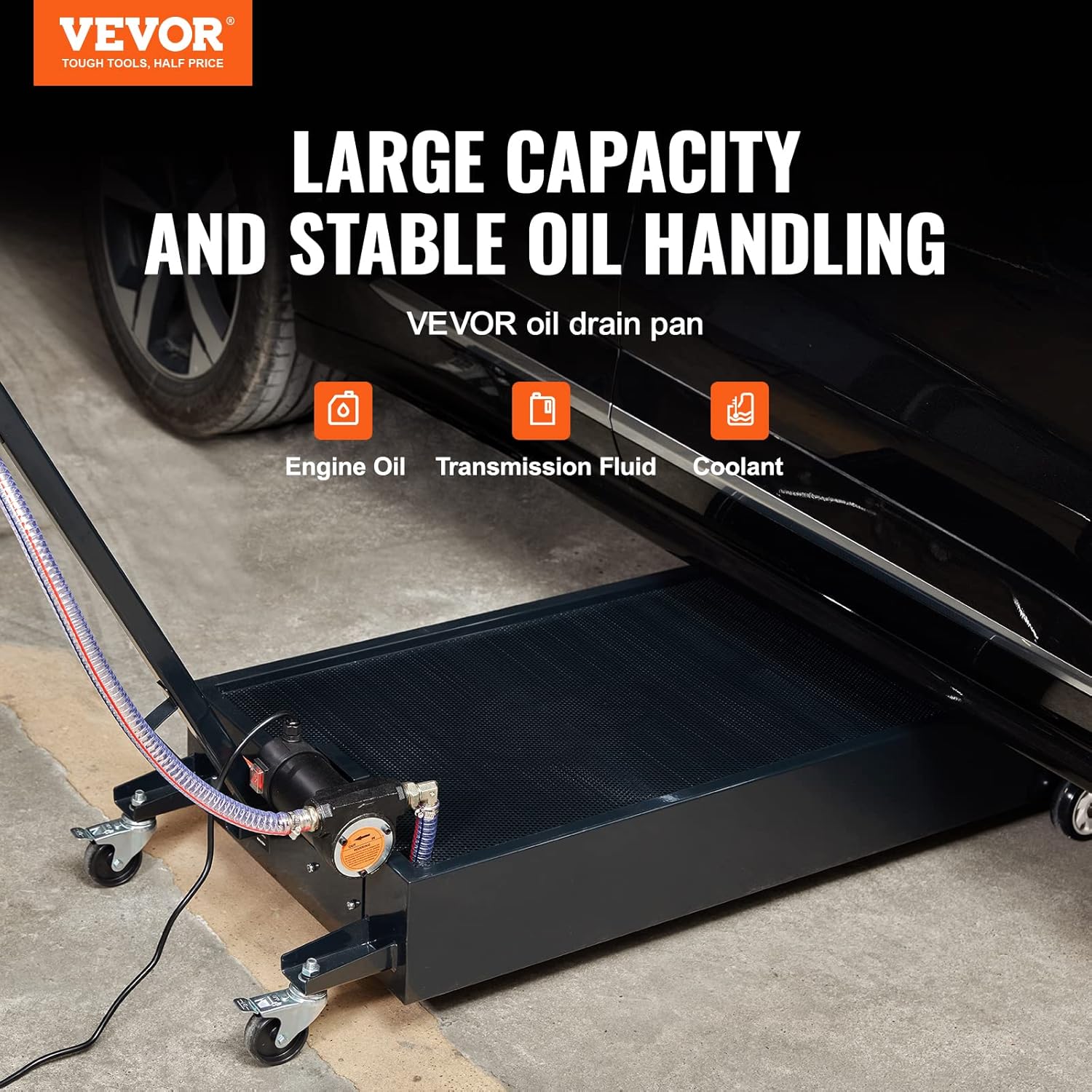 Profile Oil Drain Pan, 15 Gallon Oil Drain Pan with Pump, Oil Change Pan with 180W Electric Pump, 8.2ft Hose & Folding Handle, Rolling Oil Drain Cart for Trucks, Buses, RVs