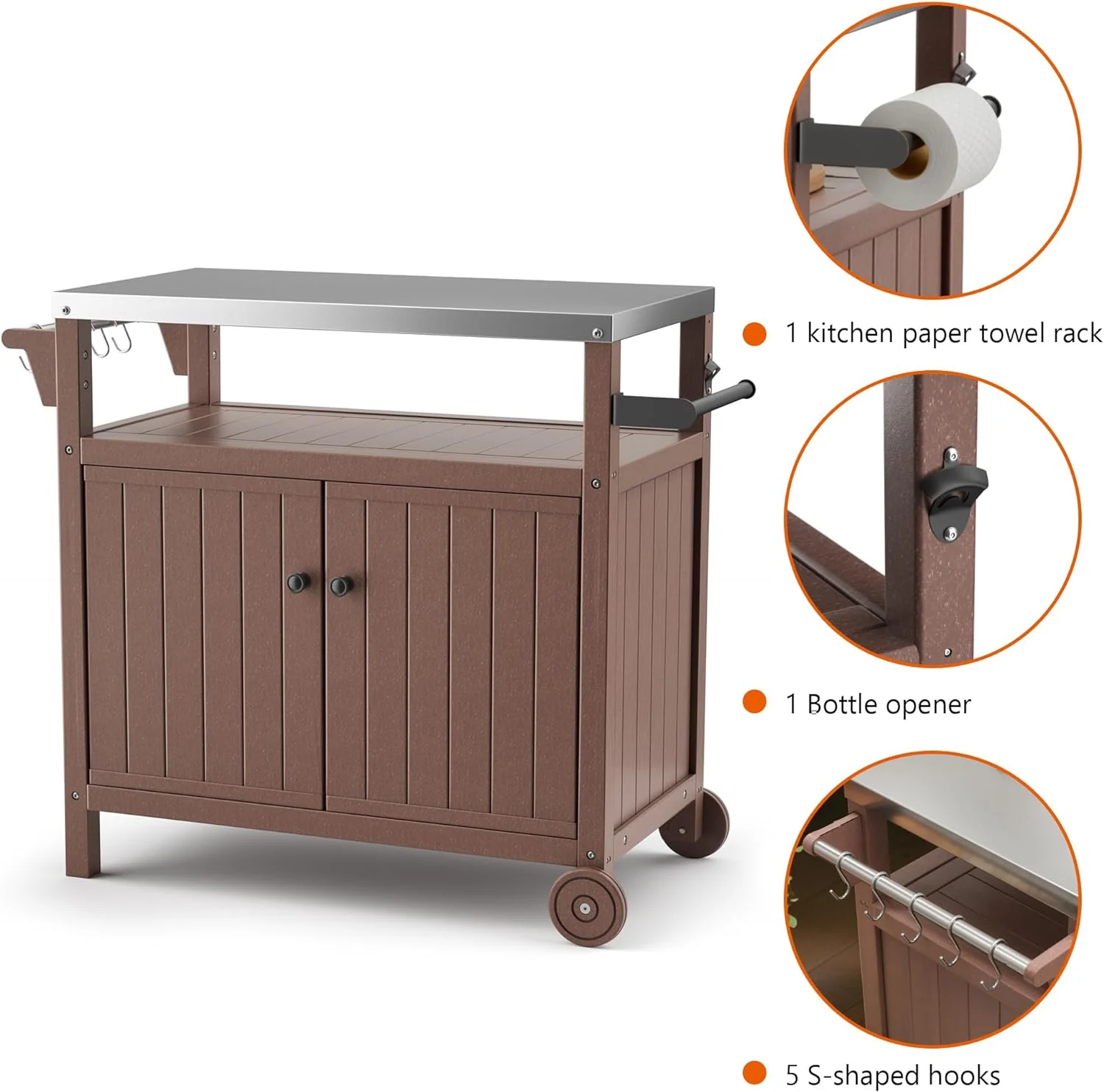 Portable Outdoor Grill Prep Table with Storage, Waterproof Grill Cabinet, Stainless-Steel Tabletop Kitchen Island, BBQ Cart with Wheels and Hooks | Brown